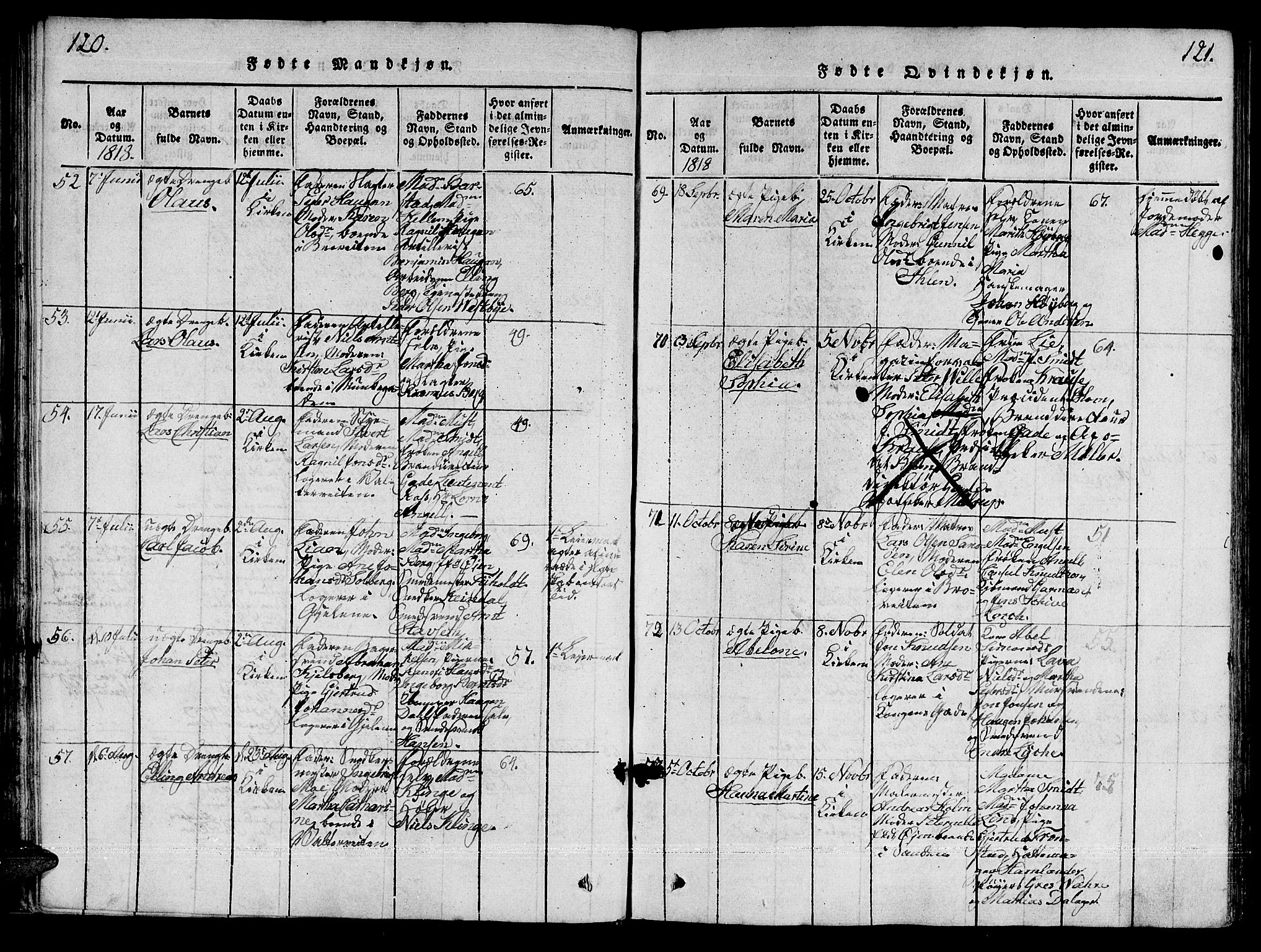 Ministerialprotokoller, klokkerbøker og fødselsregistre - Sør-Trøndelag, AV/SAT-A-1456/601/L0043: Parish register (official) no. 601A11, 1815-1821, p. 120-121