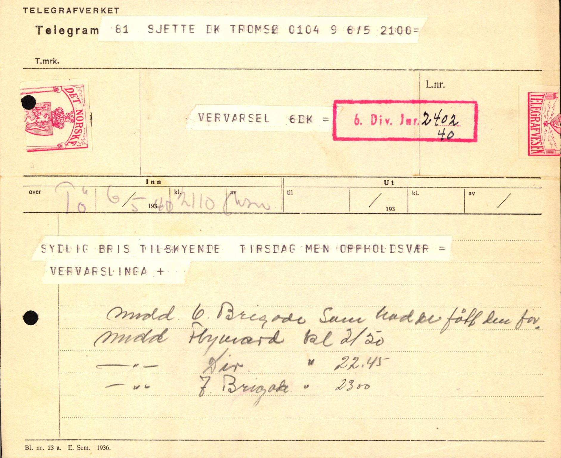 Forsvaret, Forsvarets krigshistoriske avdeling, AV/RA-RAFA-2017/Y/Yb/L0123: II-C-11-600  -  6. Divisjon med avdelinger, 1940, p. 423