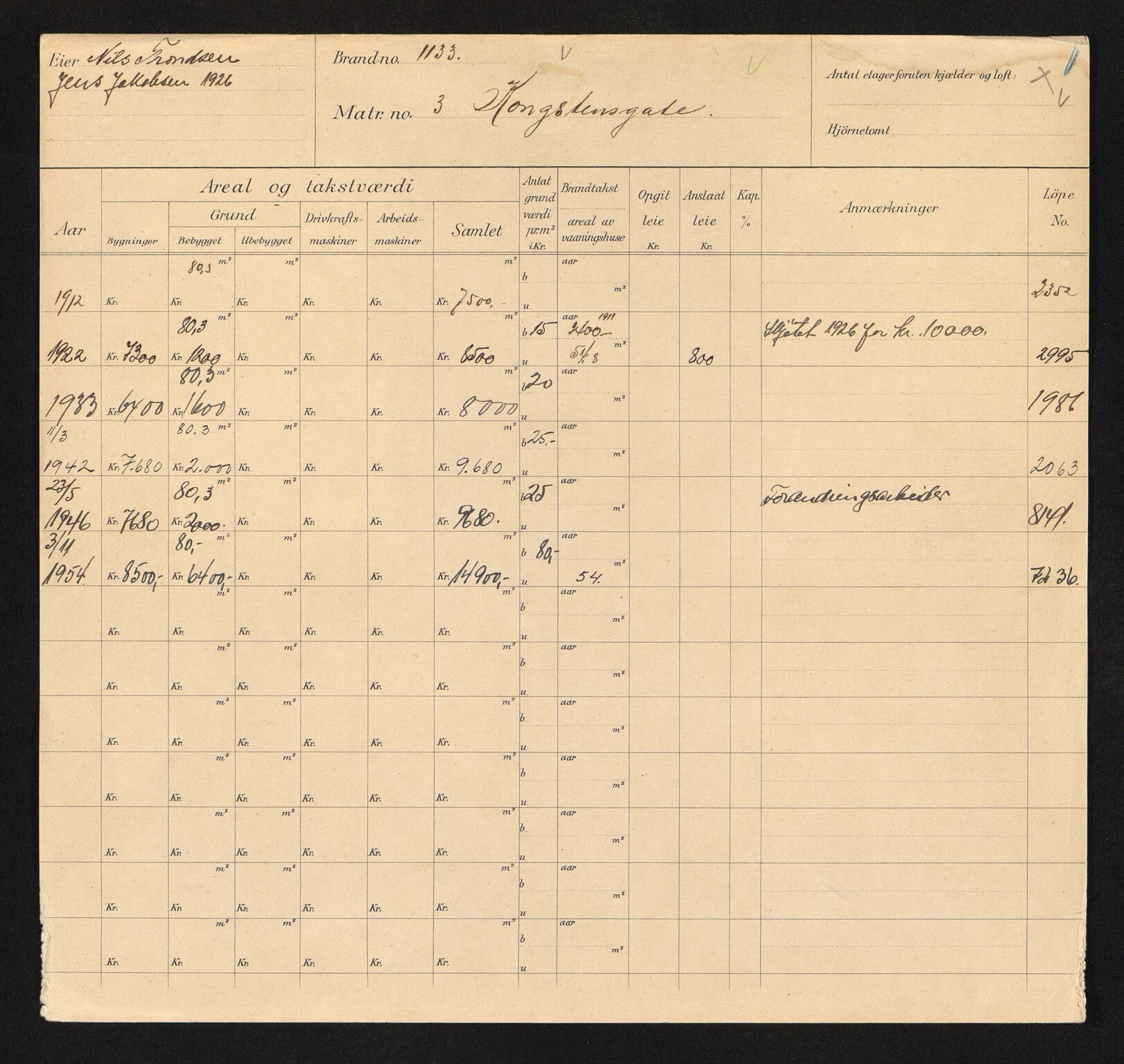 Stavanger kommune. Skattetakstvesenet, BYST/A-0440/F/Fa/Faa/L0026/0003: Skattetakstkort / Kongsteinsgata 3 - 26