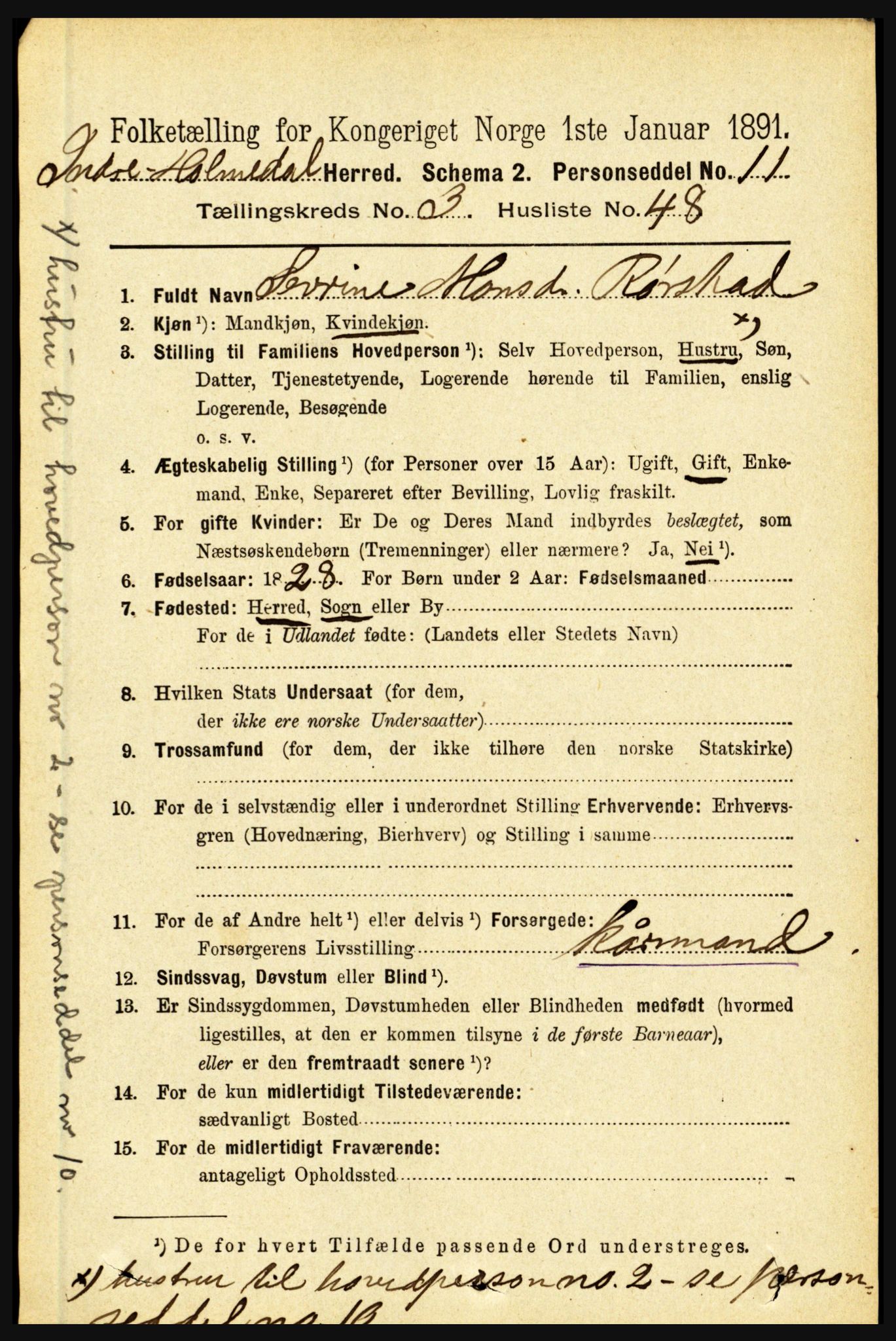 RA, 1891 census for 1430 Indre Holmedal, 1891, p. 1249