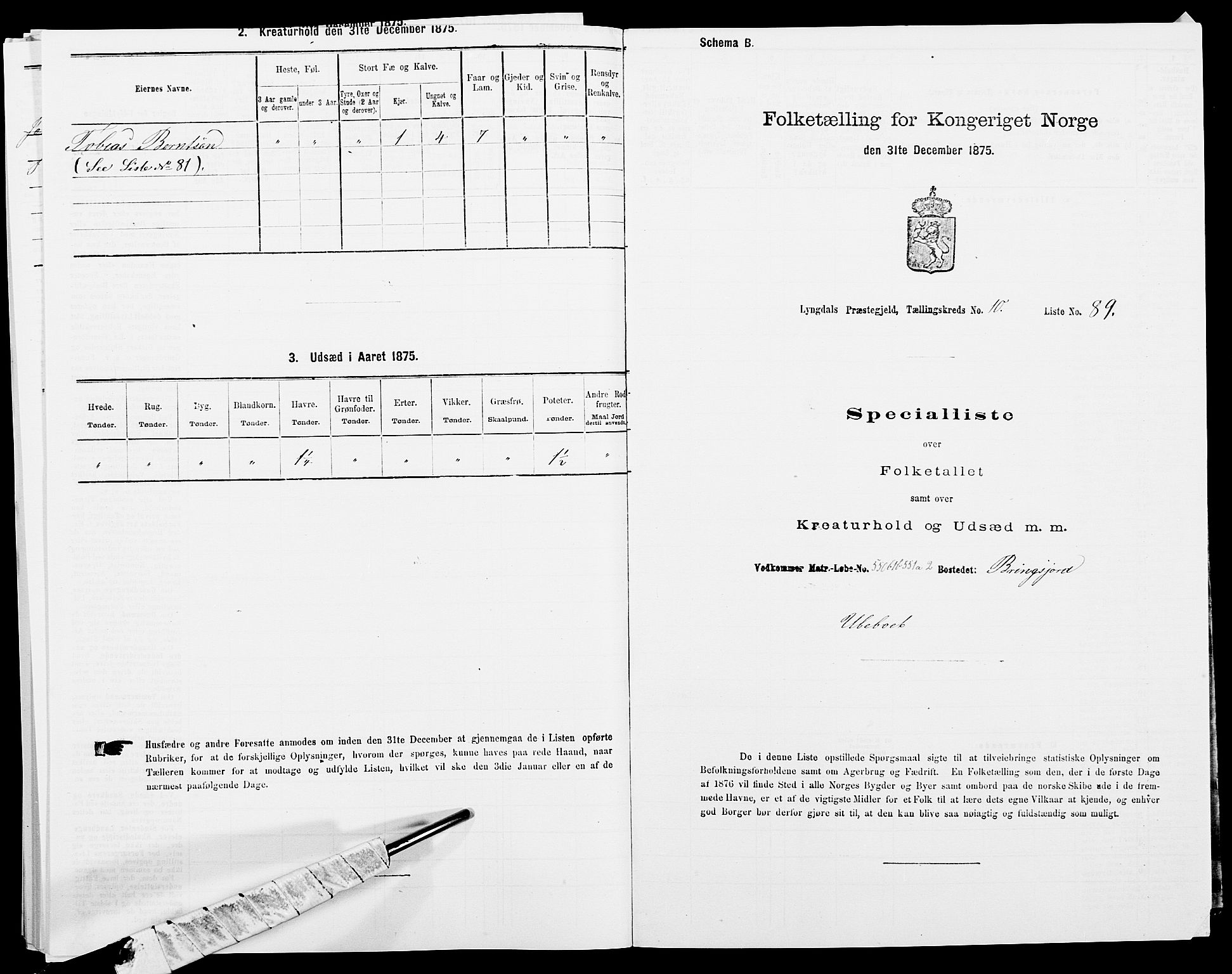 SAK, 1875 census for 1032P Lyngdal, 1875, p. 1698