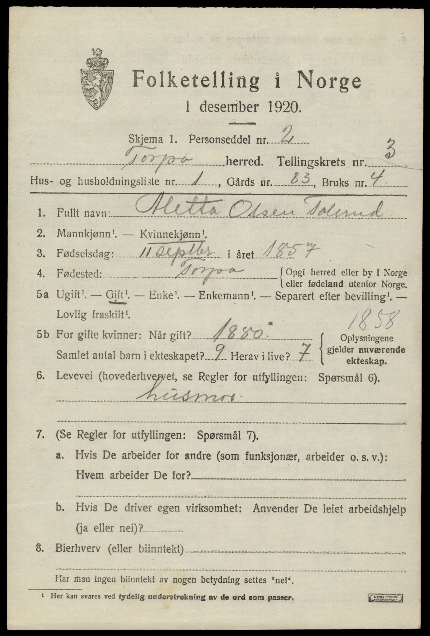 SAH, 1920 census for Torpa, 1920, p. 2255
