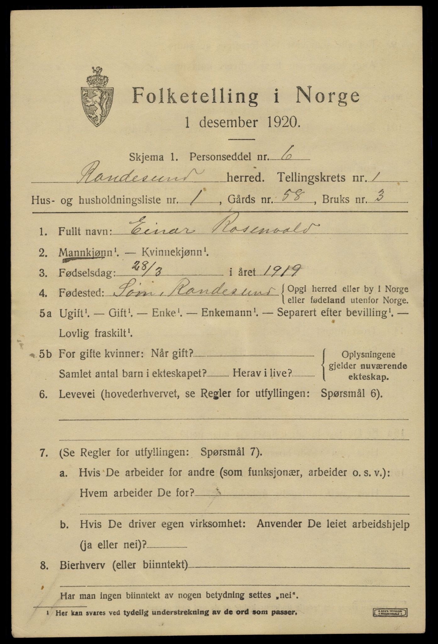 SAK, 1920 census for Randesund, 1920, p. 594