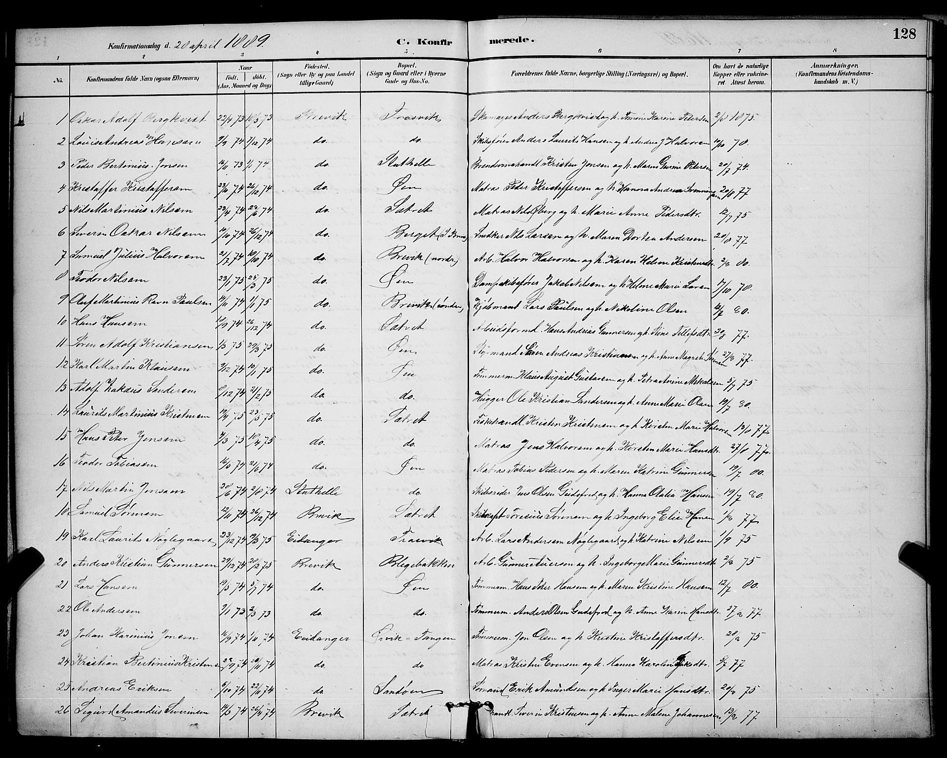 Brevik kirkebøker, SAKO/A-255/G/Ga/L0004: Parish register (copy) no. 4, 1882-1900, p. 128