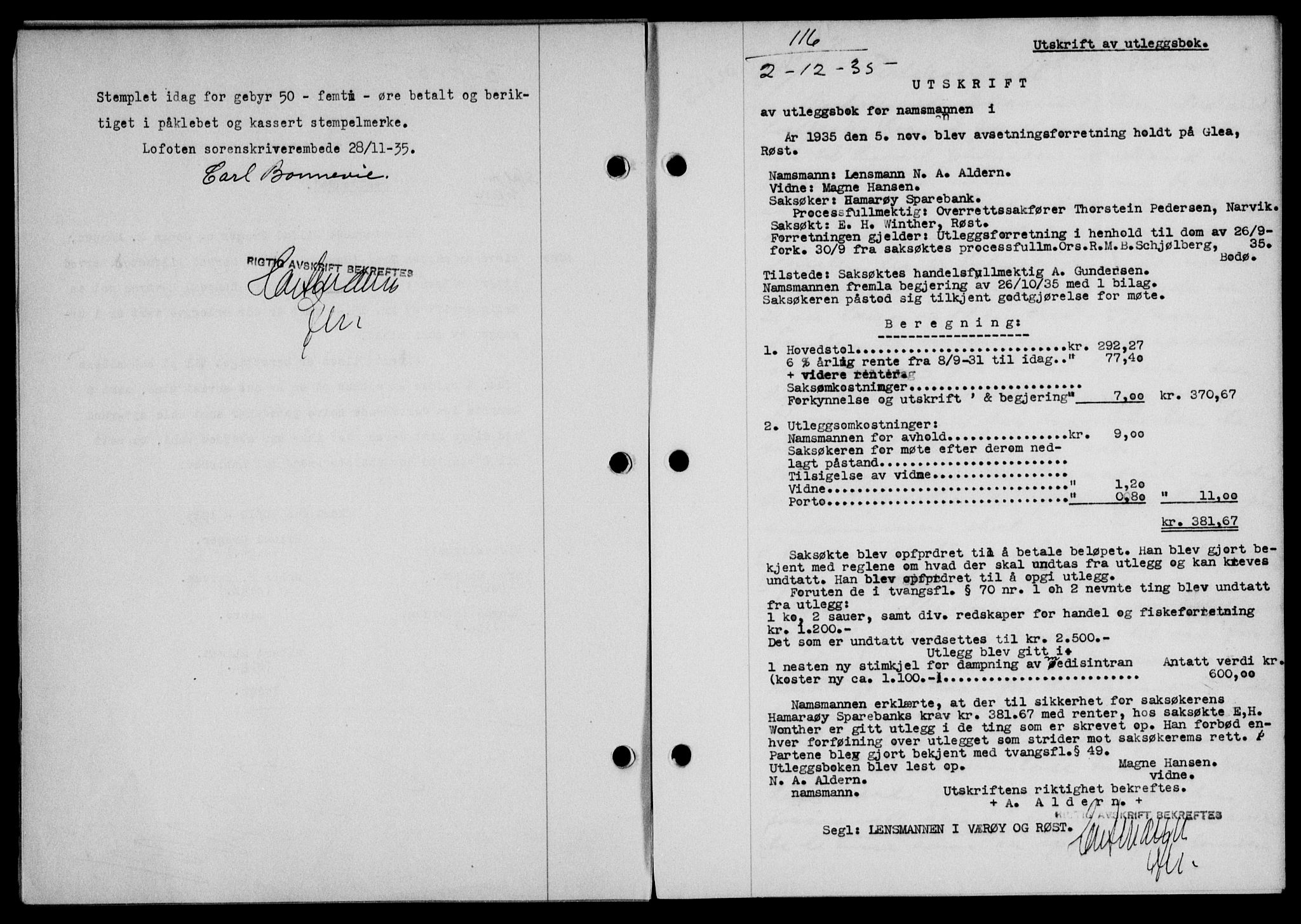 Lofoten sorenskriveri, AV/SAT-A-0017/1/2/2C/L0032b: Mortgage book no. 32b, 1935-1935, Deed date: 02.12.1935