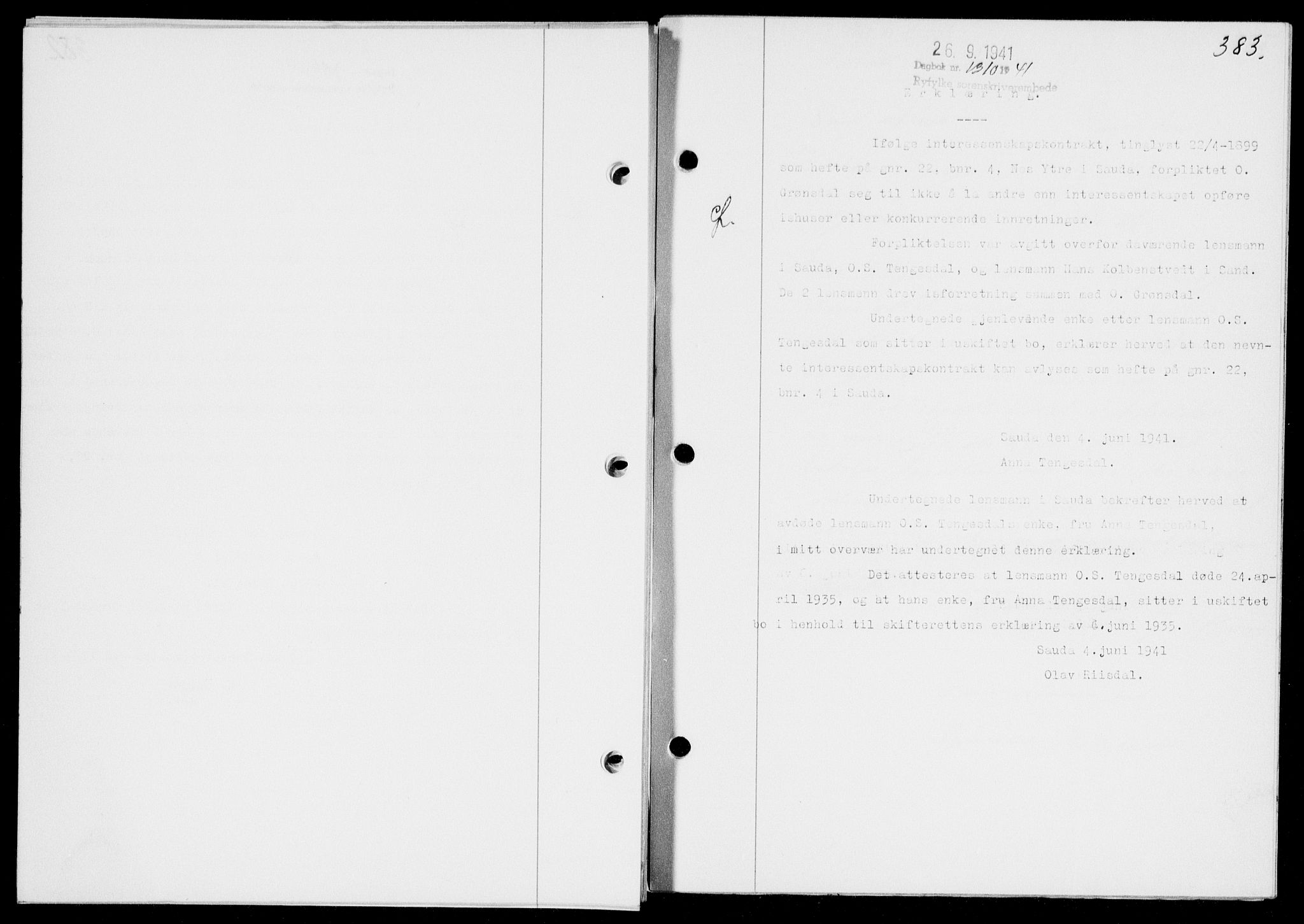 Ryfylke tingrett, SAST/A-100055/001/II/IIB/L0083: Mortgage book no. 62, 1941-1941, Diary no: : 1310/1941