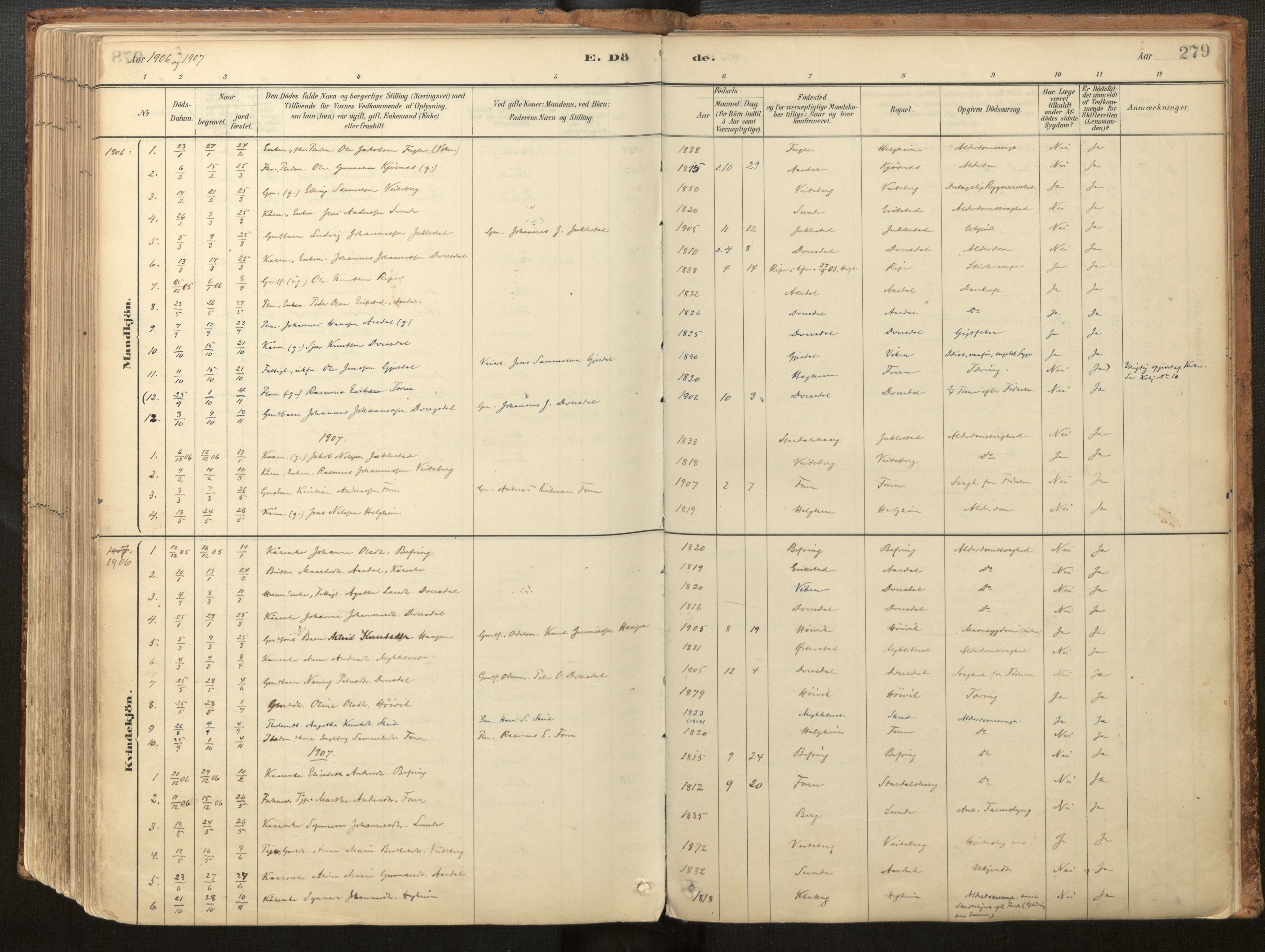 Jølster sokneprestembete, SAB/A-80701/H/Haa/Haac/L0001: Parish register (official) no. C 1, 1882-1928, p. 279