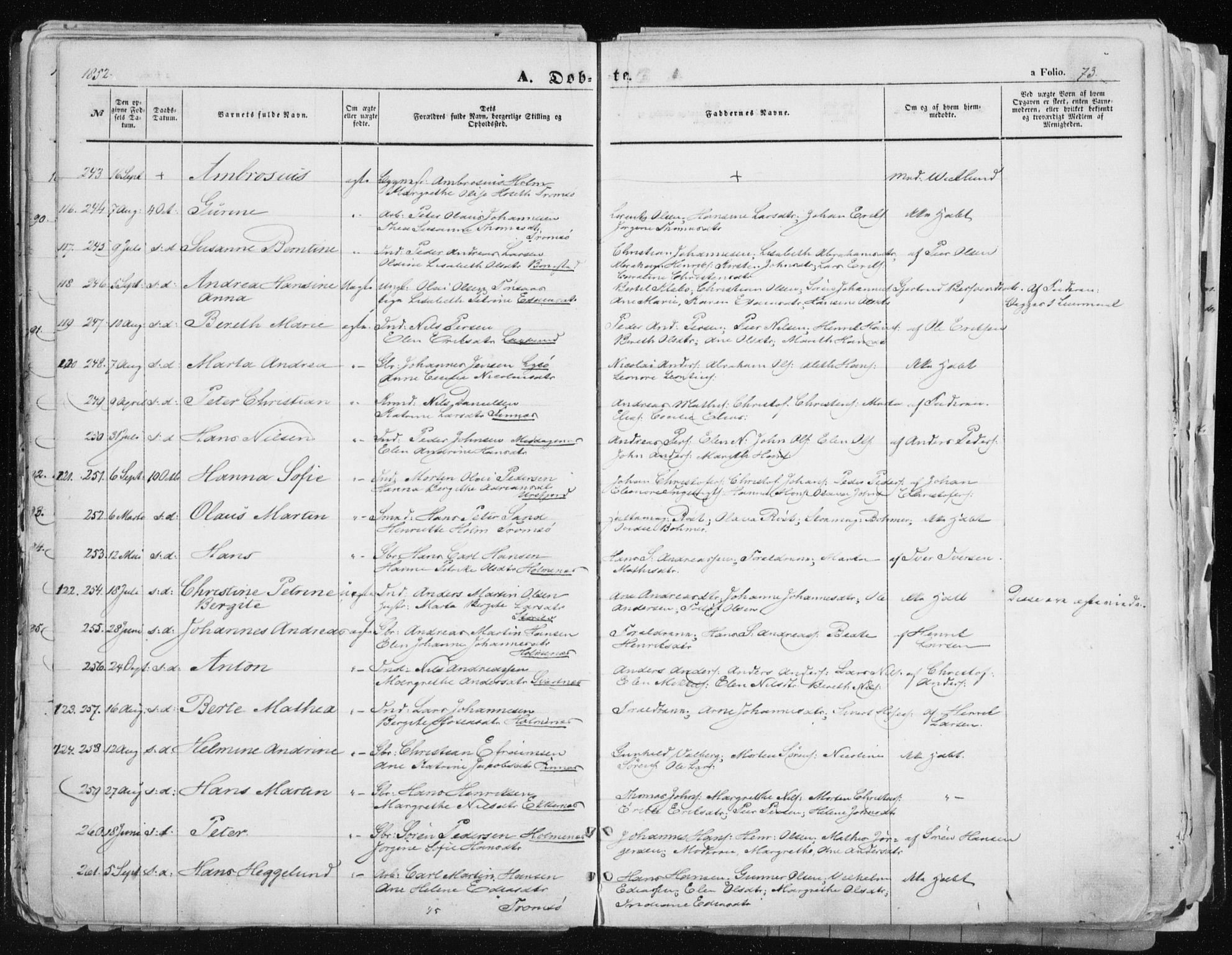 Tromsø sokneprestkontor/stiftsprosti/domprosti, AV/SATØ-S-1343/G/Ga/L0010kirke: Parish register (official) no. 10, 1848-1855, p. 73