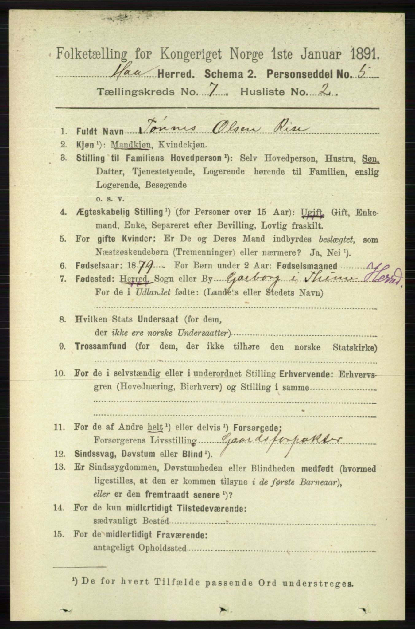 RA, 1891 census for 1119 Hå, 1891, p. 1925