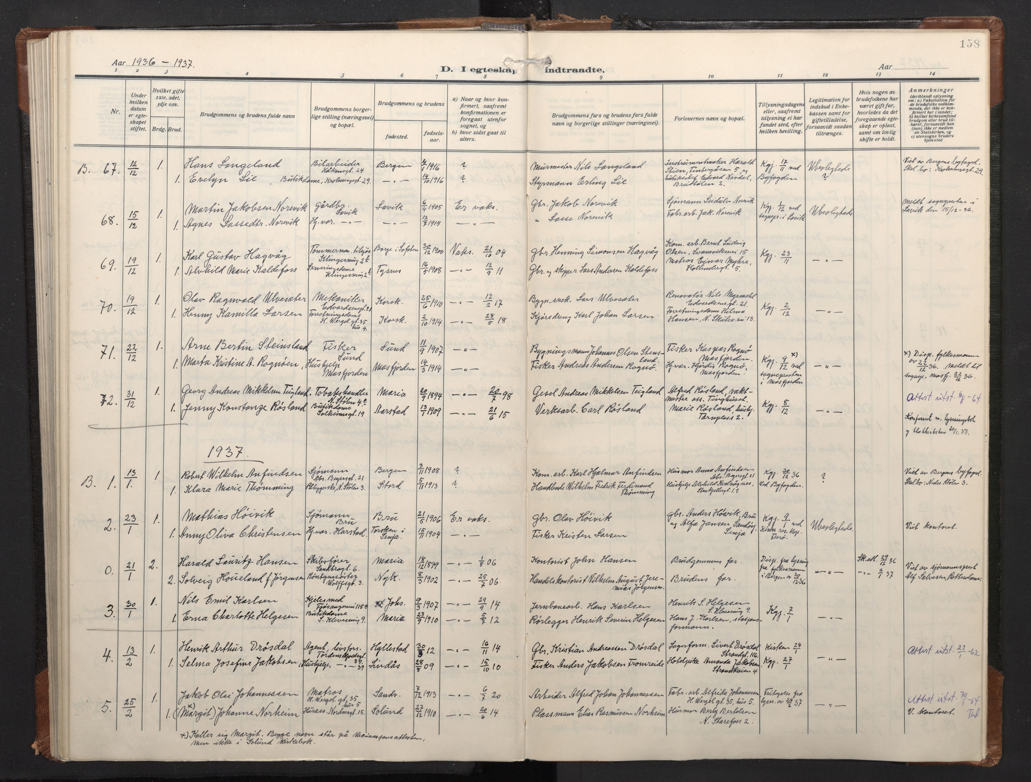 Mariakirken Sokneprestembete, SAB/A-76901/H/Haa/L0016: Parish register (official) no. C 4, 1927-1938, p. 157b-158a
