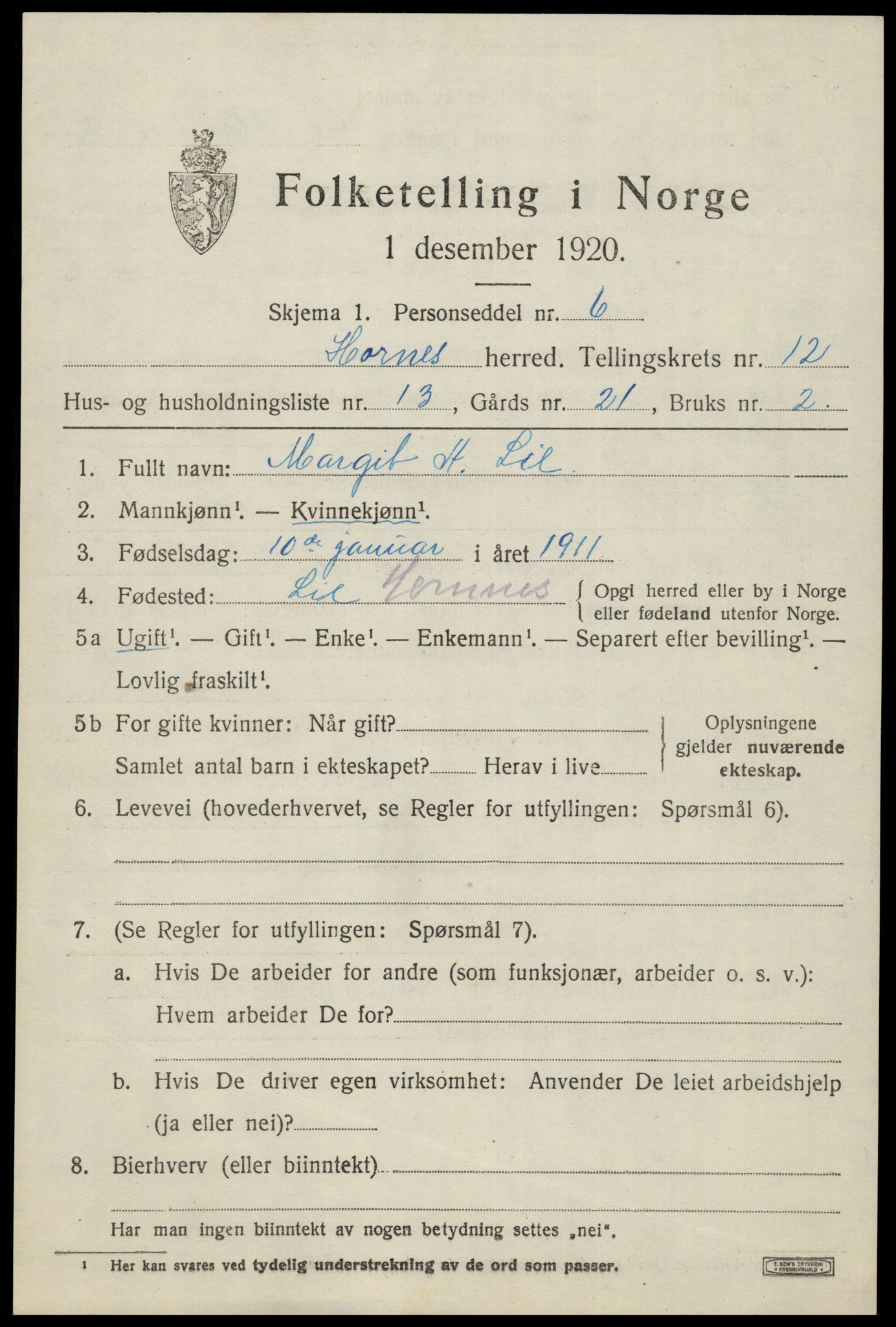 SAK, 1920 census for Hornnes, 1920, p. 3037