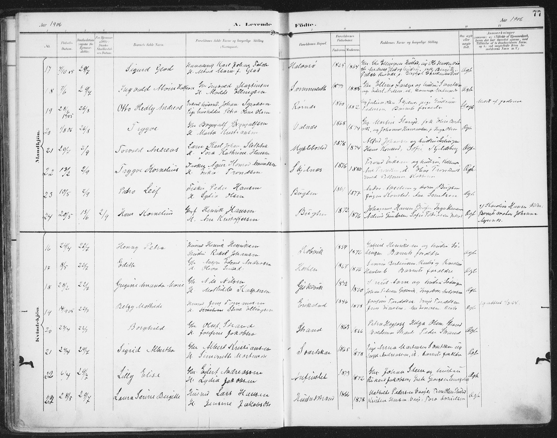 Ministerialprotokoller, klokkerbøker og fødselsregistre - Nordland, AV/SAT-A-1459/872/L1036: Parish register (official) no. 872A11, 1897-1913, p. 77