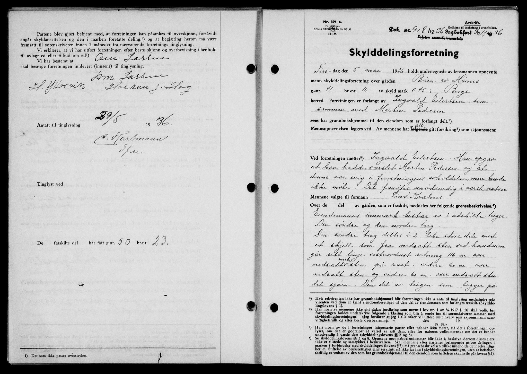 Lofoten sorenskriveri, SAT/A-0017/1/2/2C/L0033b: Mortgage book no. 33b, 1936-1936, Diary no: : 918/1936