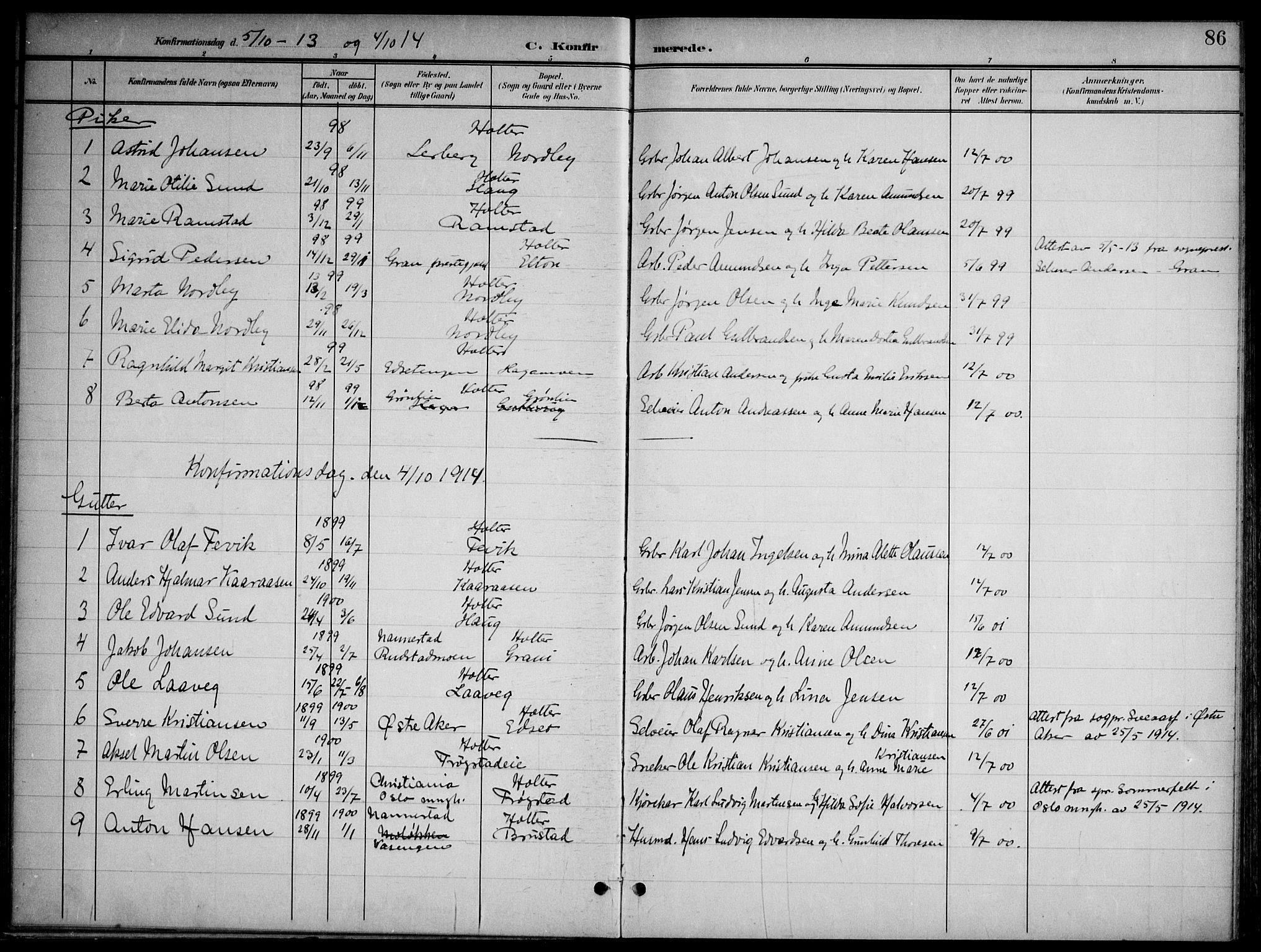Nannestad prestekontor Kirkebøker, SAO/A-10414a/G/Gb/L0001: Parish register (copy) no. II 1, 1901-1917, p. 86