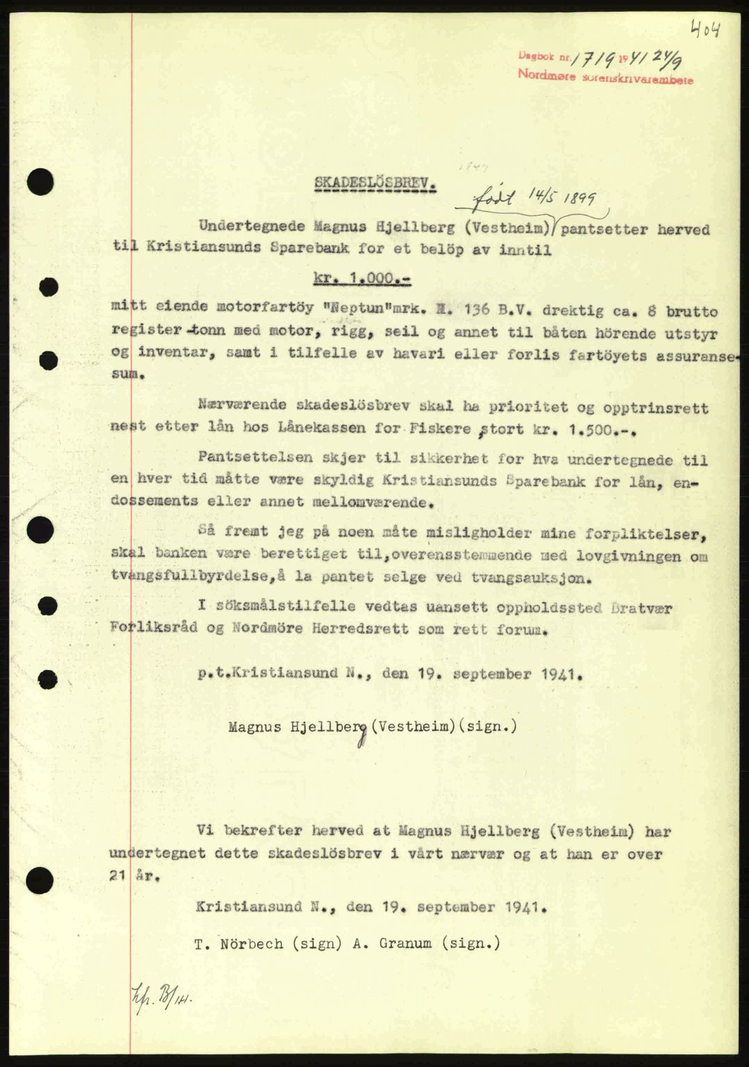 Nordmøre sorenskriveri, AV/SAT-A-4132/1/2/2Ca: Mortgage book no. B88, 1941-1942, Diary no: : 1719/1941