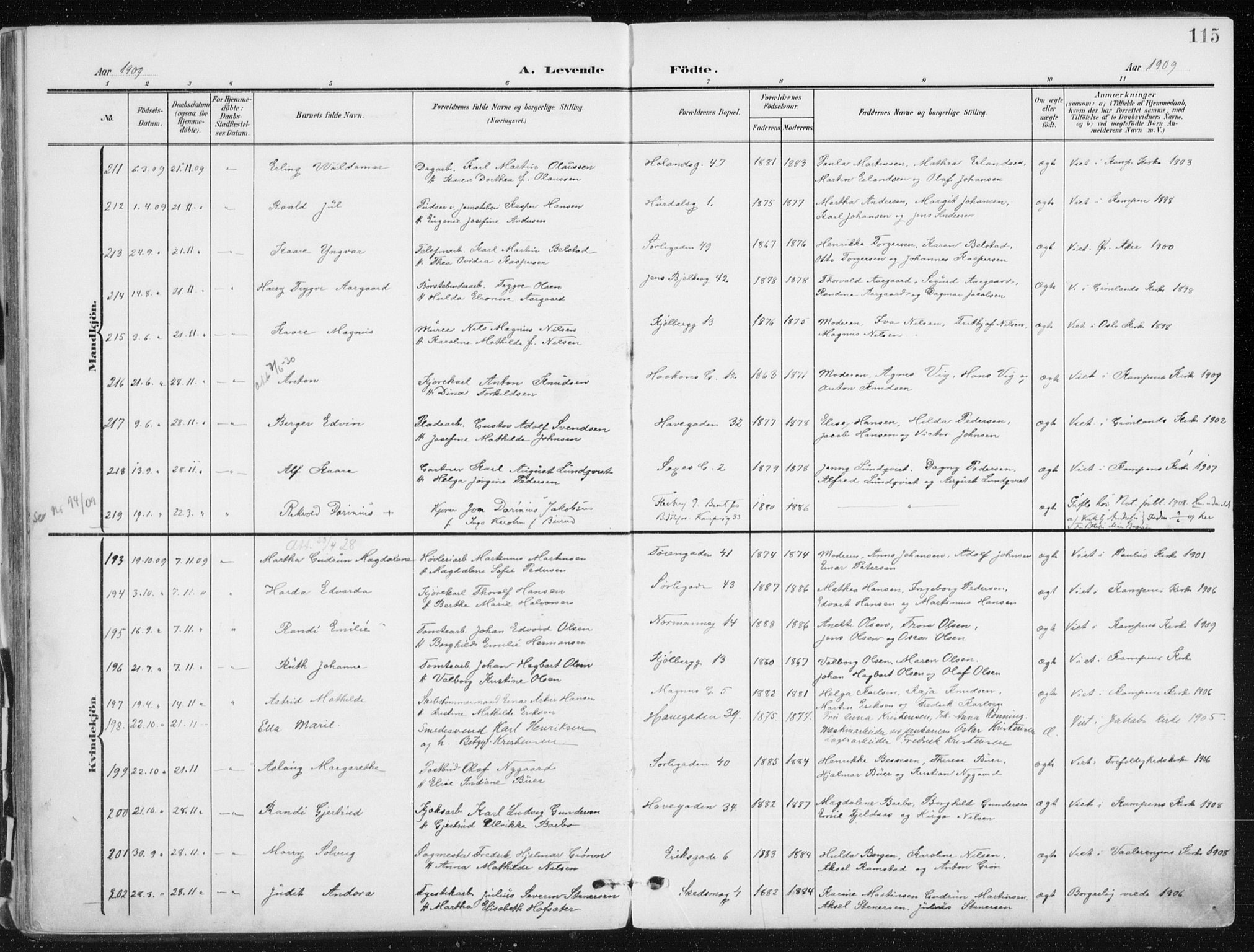 Kampen prestekontor Kirkebøker, SAO/A-10853/F/Fa/L0010: Parish register (official) no. I 10, 1905-1917, p. 115