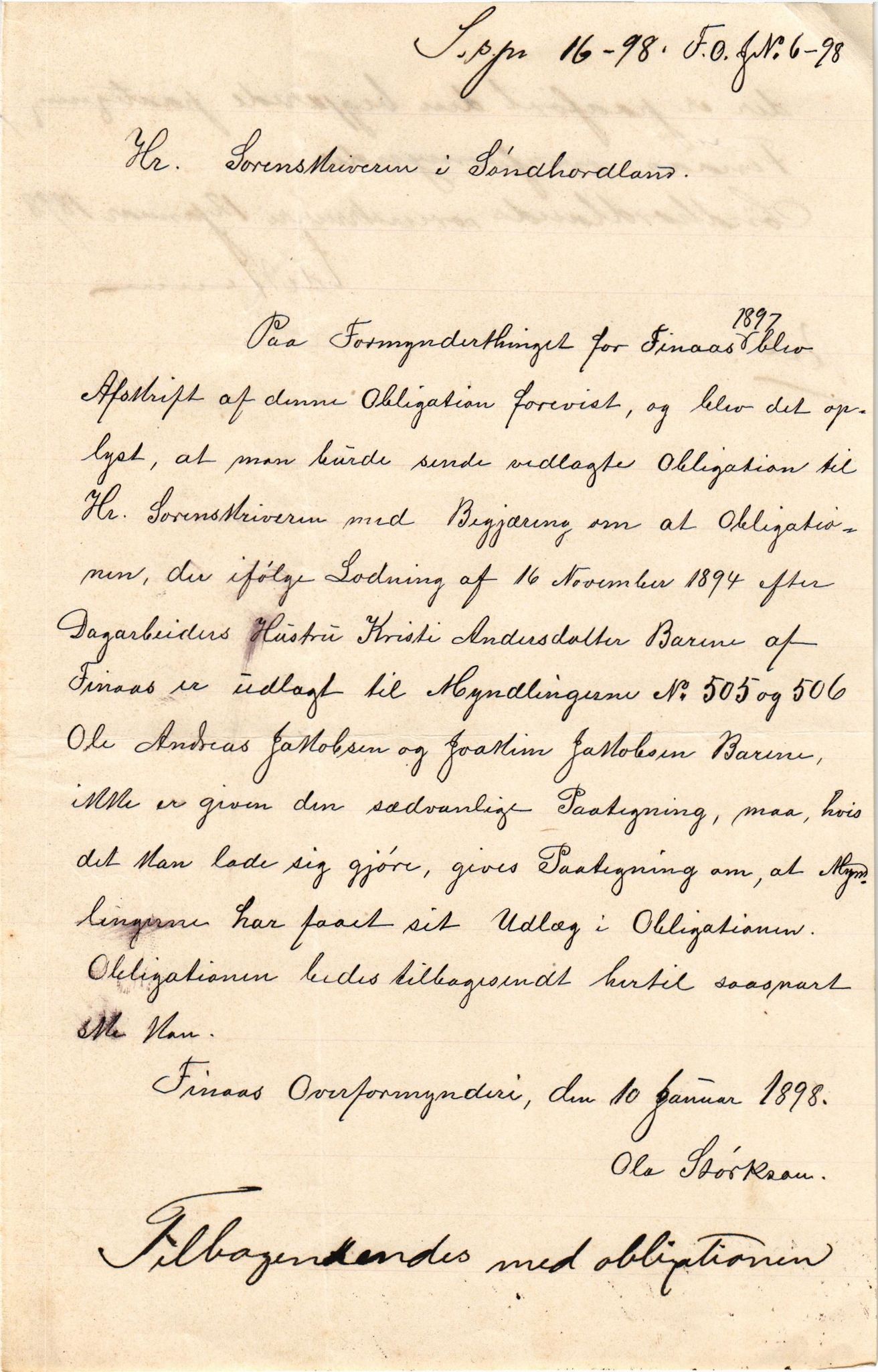 Finnaas kommune. Overformynderiet, IKAH/1218a-812/D/Da/Daa/L0002/0001: Kronologisk ordna korrespondanse / Kronologisk ordna korrespondanse, 1896-1900, p. 70