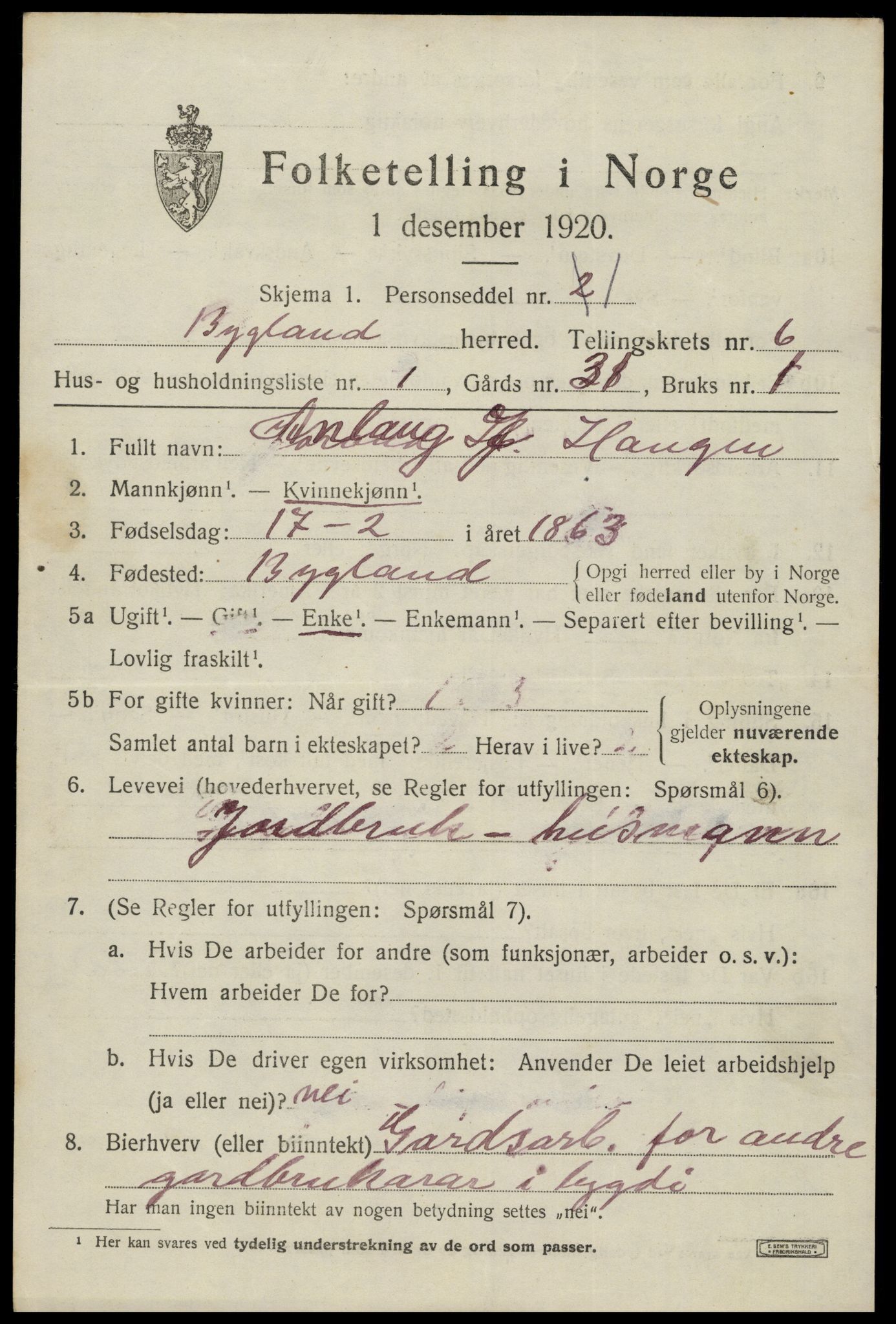 SAK, 1920 census for Bygland, 1920, p. 2123