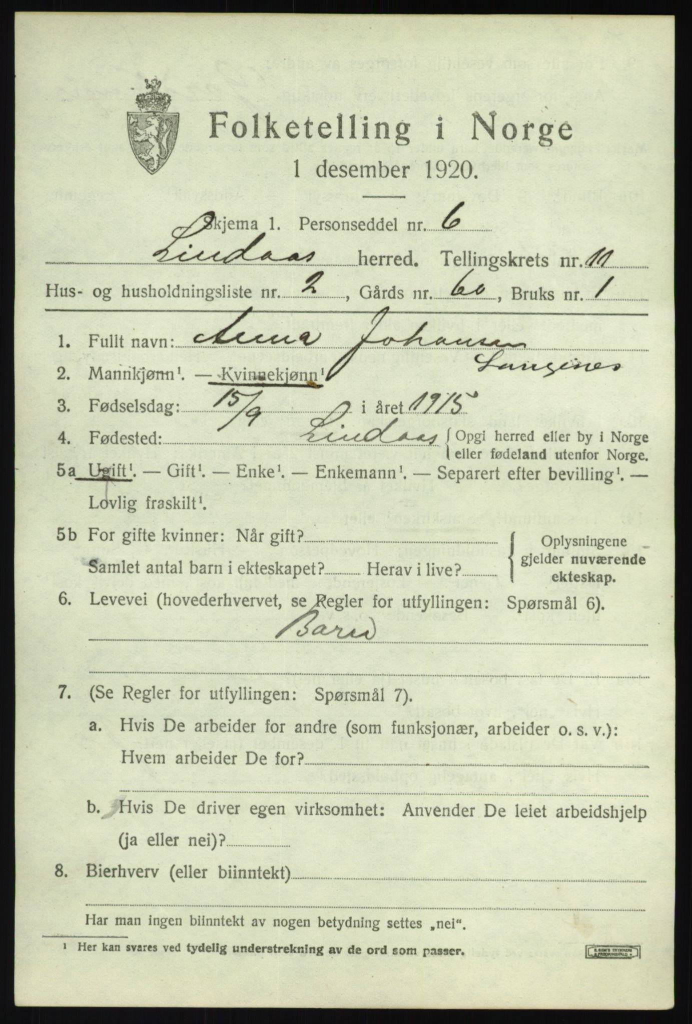 SAB, 1920 census for Lindås, 1920, p. 5619