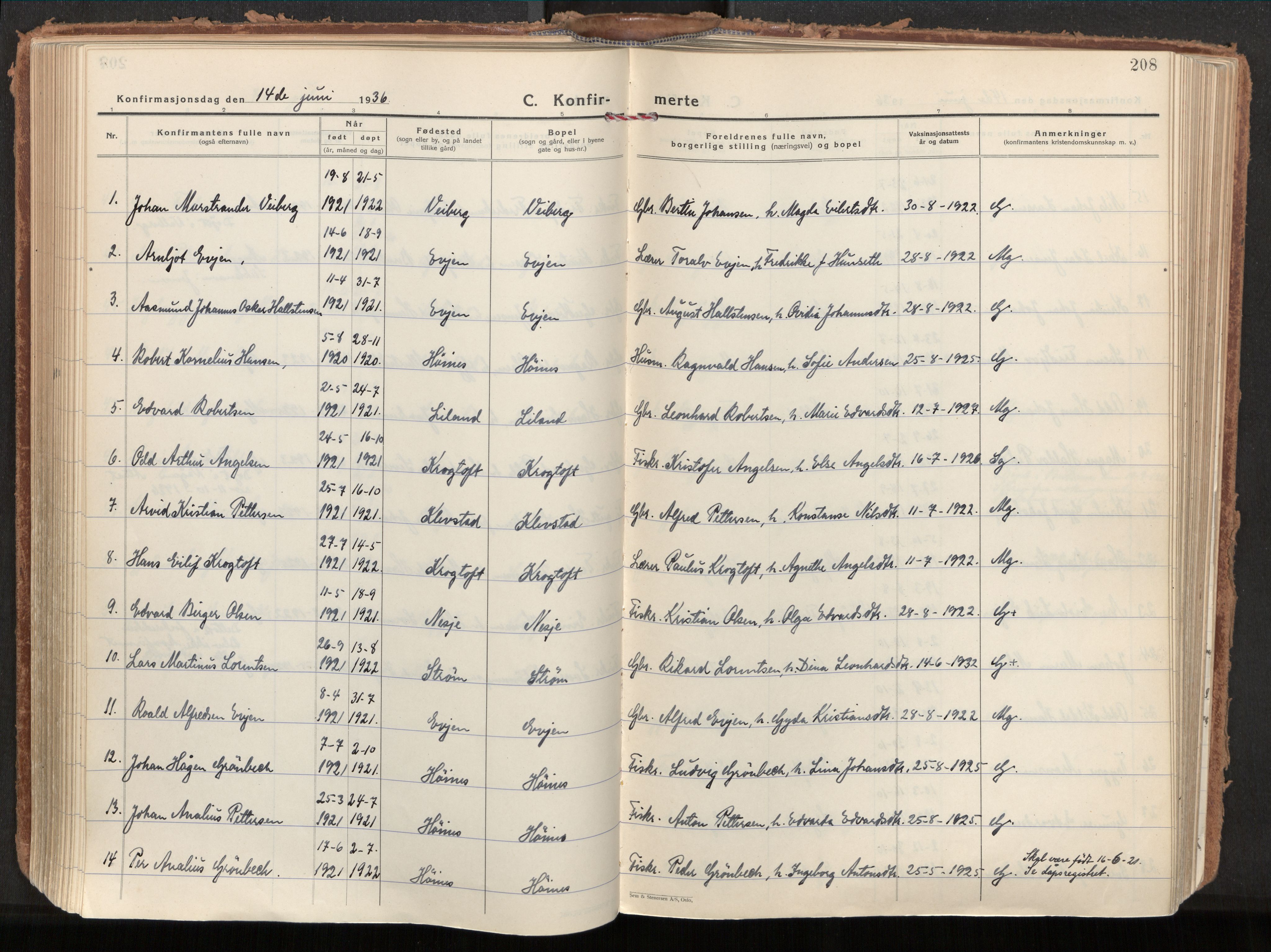 Ministerialprotokoller, klokkerbøker og fødselsregistre - Nordland, AV/SAT-A-1459/880/L1137: Parish register (official) no. 880A11, 1927-1944, p. 208