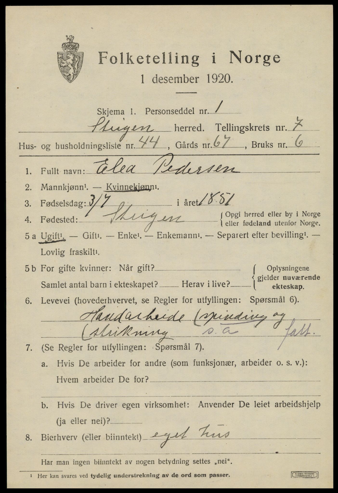 SAT, 1920 census for Steigen, 1920, p. 3240