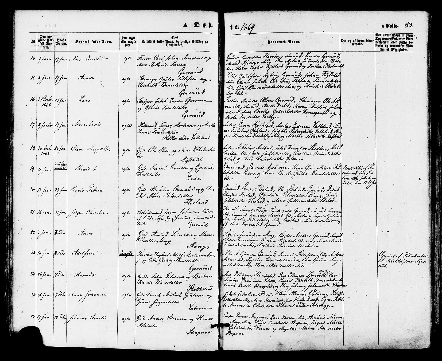 Eigersund sokneprestkontor, AV/SAST-A-101807/001/30/30BA/L0014: Parish register (official) no. A 13, 1866-1878, p. 53