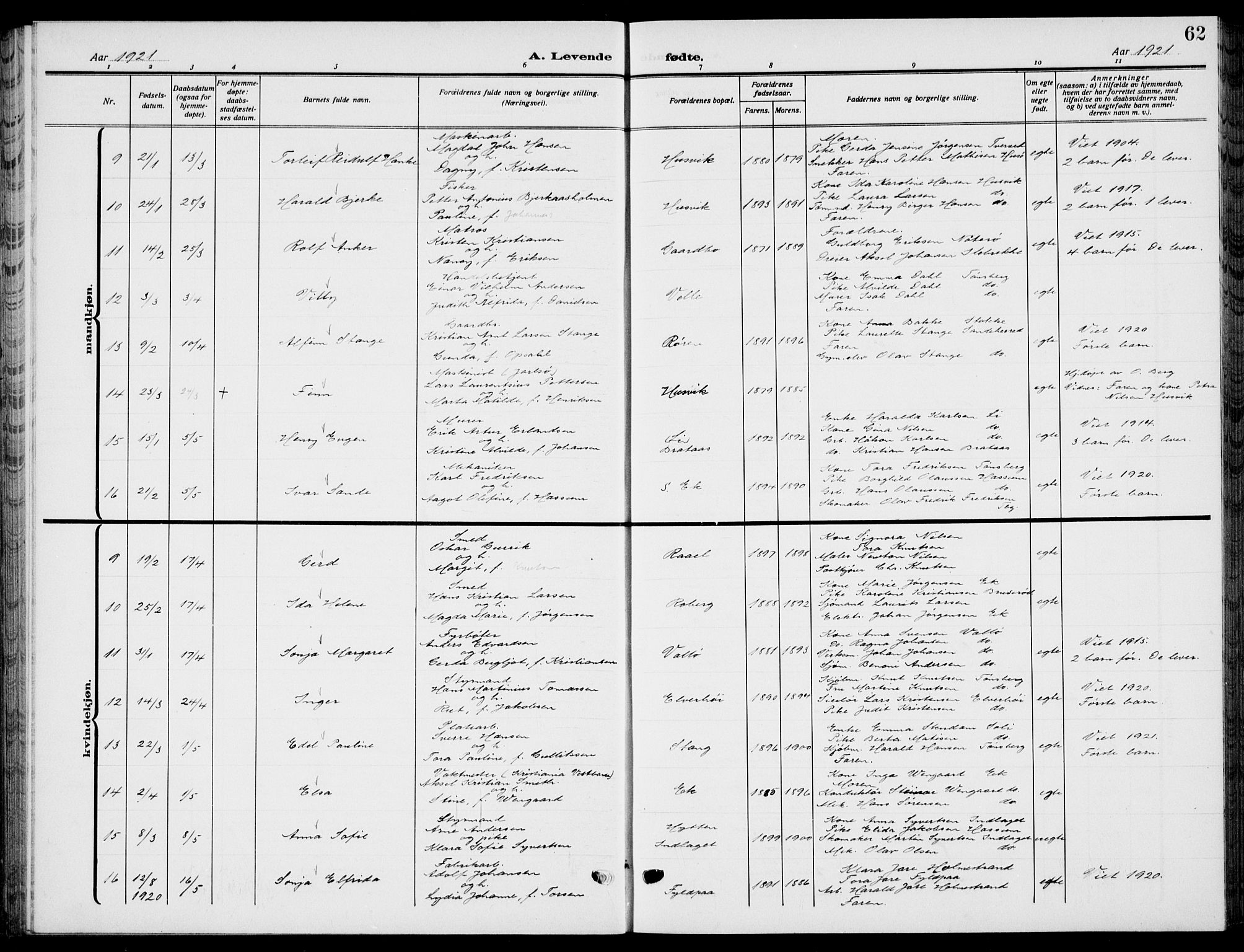 Sem kirkebøker, AV/SAKO-A-5/G/Gb/L0004: Parish register (copy) no. II 4, 1914-1937, p. 62