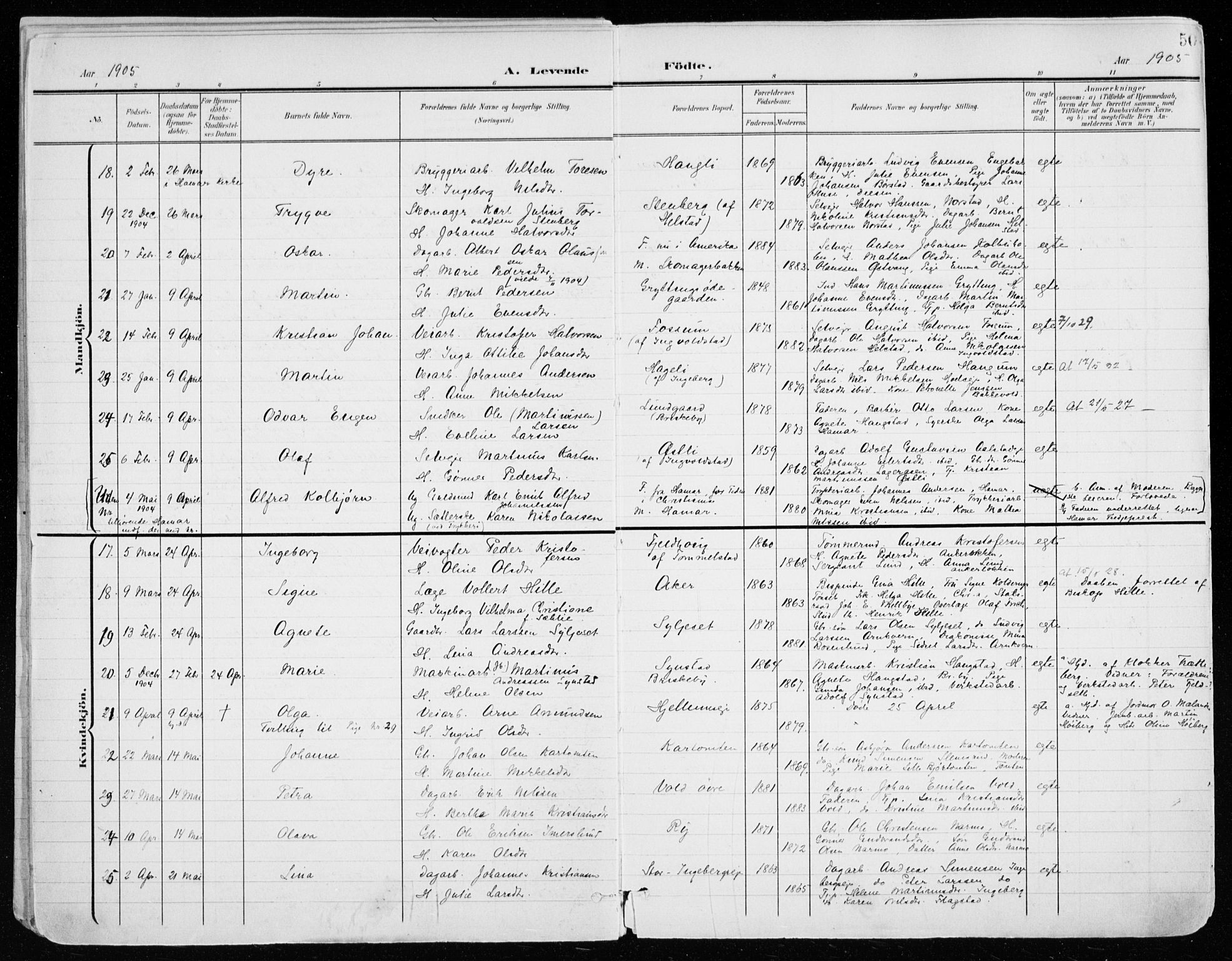 Vang prestekontor, Hedmark, AV/SAH-PREST-008/H/Ha/Haa/L0021: Parish register (official) no. 21, 1902-1917, p. 50