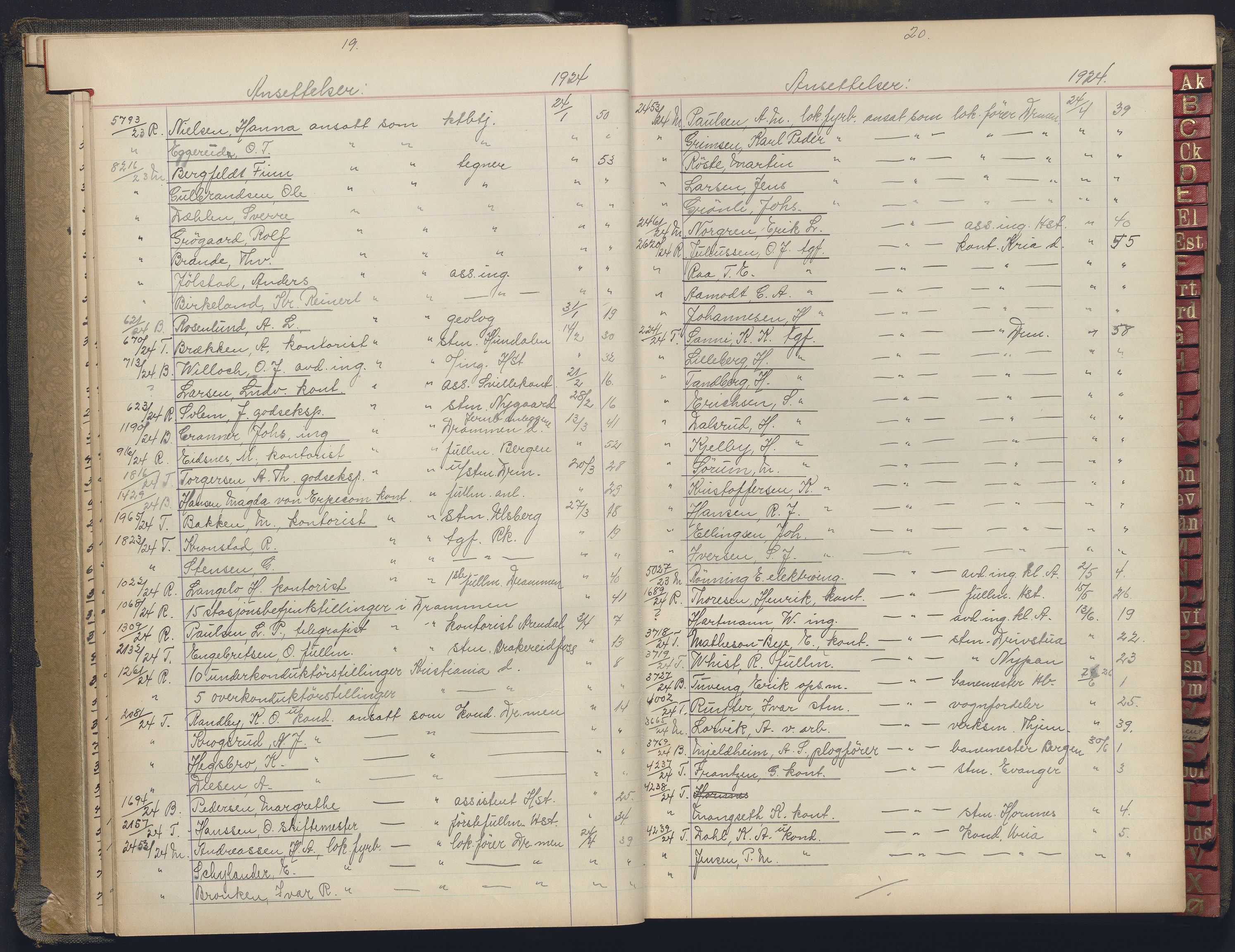 Norges statsbaner, Administrasjons- økonomi- og personalavdelingen, AV/RA-S-3412/A/Aa/L0037: Register til forhandlingsprotokoll, 1922-1928, p. 19-20