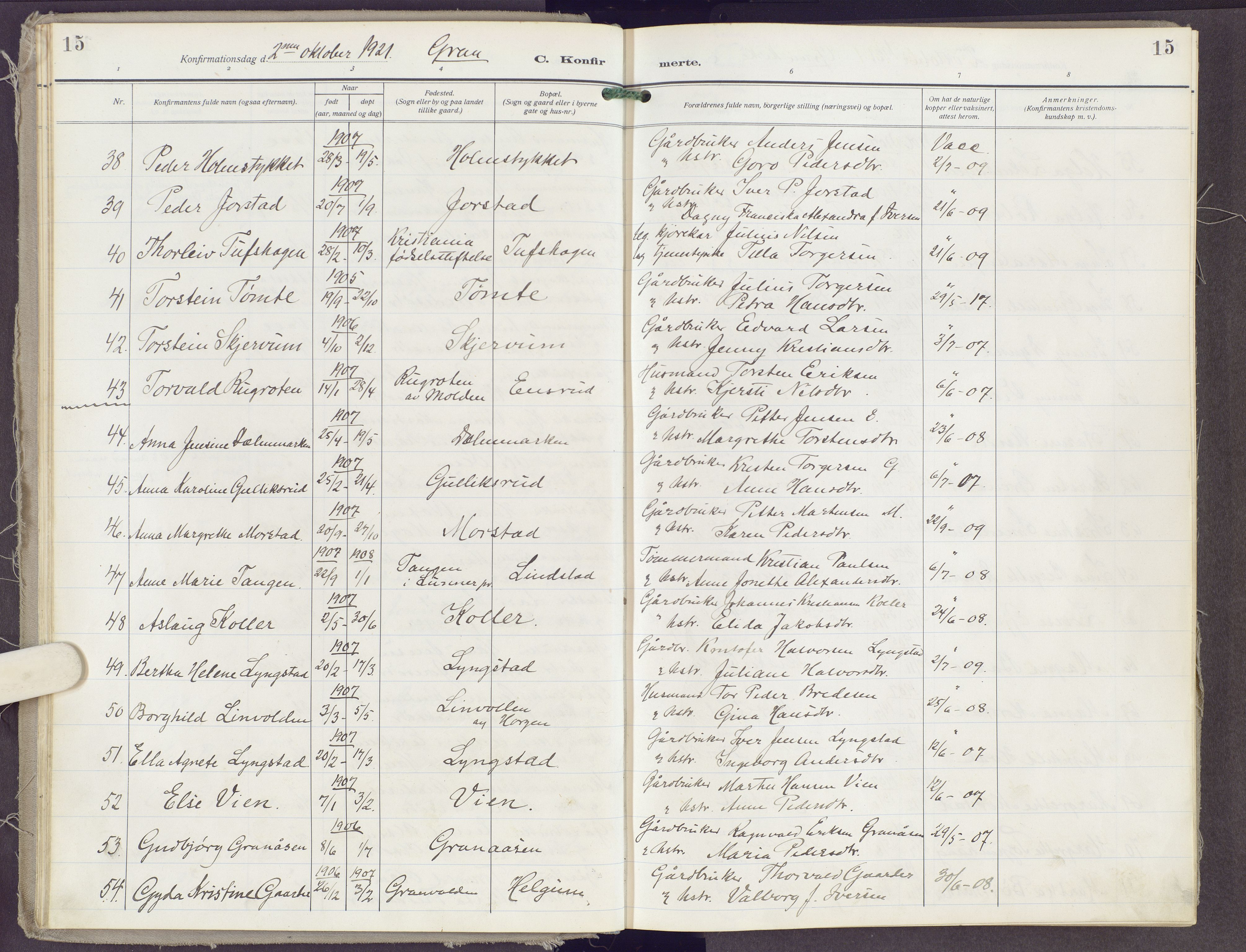 Gran prestekontor, AV/SAH-PREST-112/H/Ha/Haa/L0023: Parish register (official) no. 23, 1919-1938, p. 15