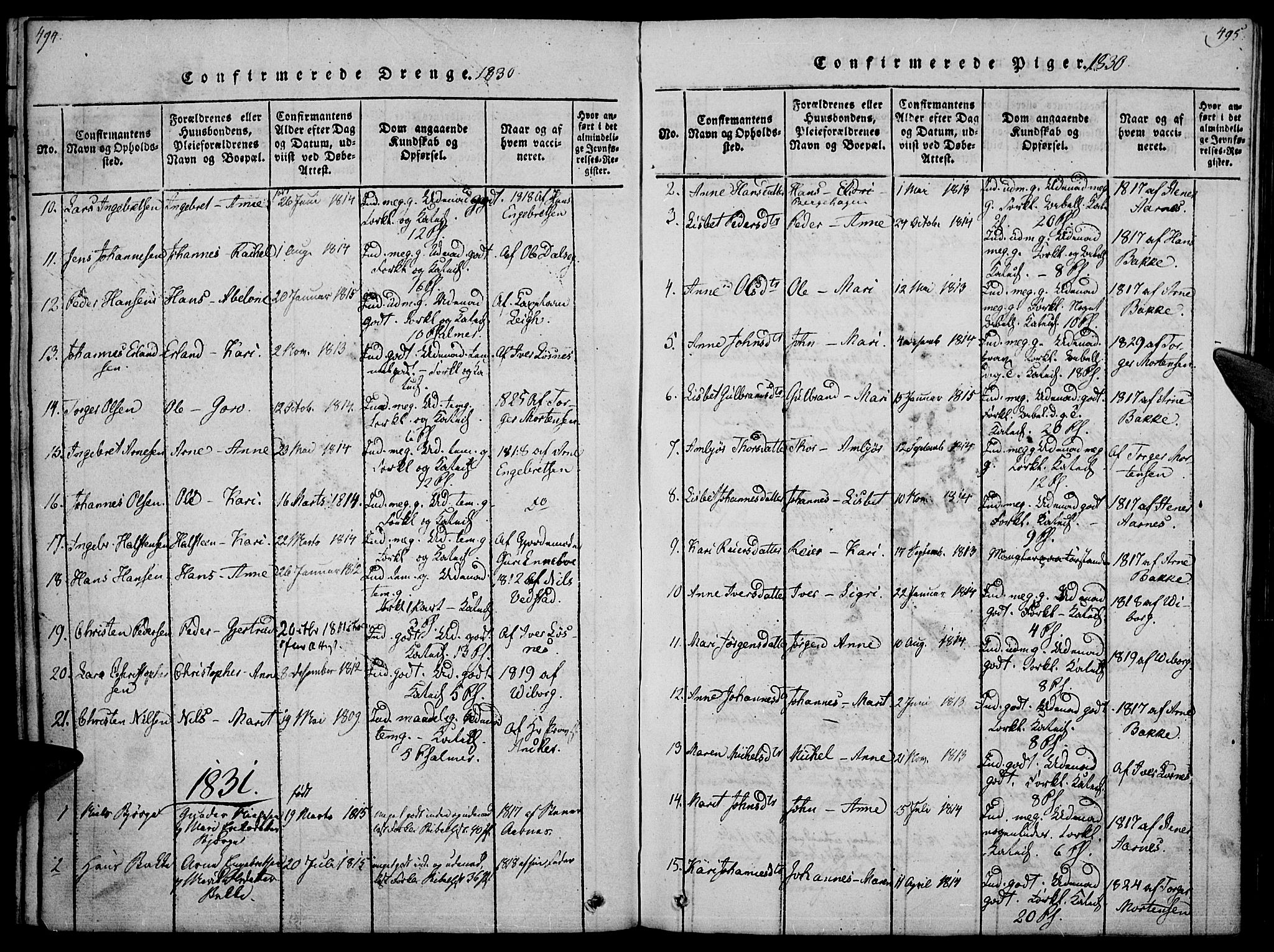 Ringebu prestekontor, SAH/PREST-082/H/Ha/Haa/L0004: Parish register (official) no. 4, 1821-1839, p. 494-495