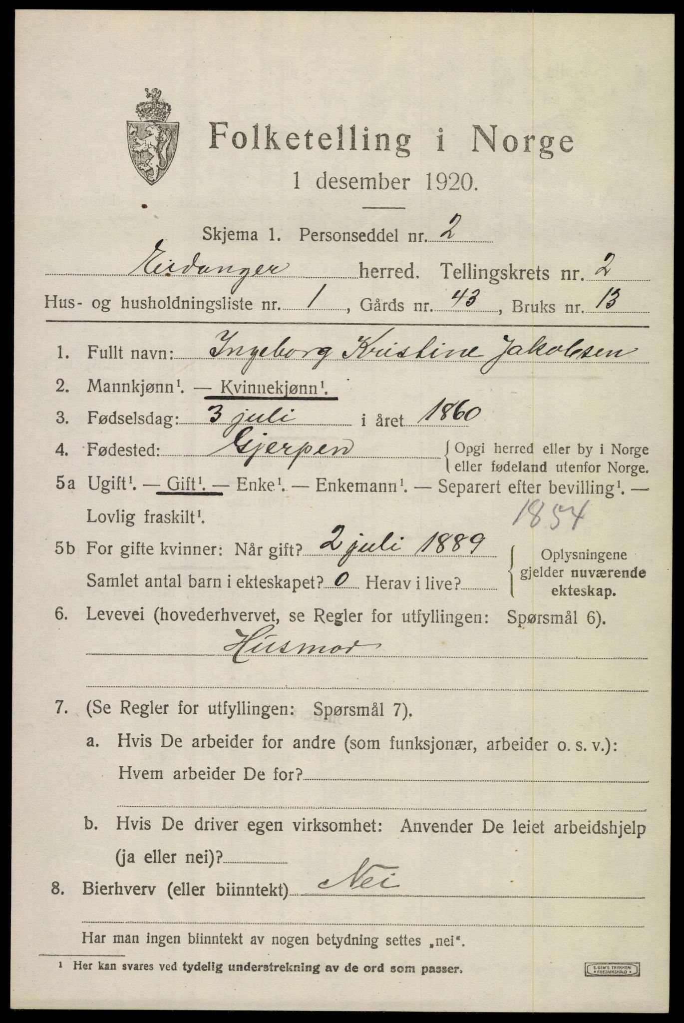 SAKO, 1920 census for Eidanger, 1920, p. 2918