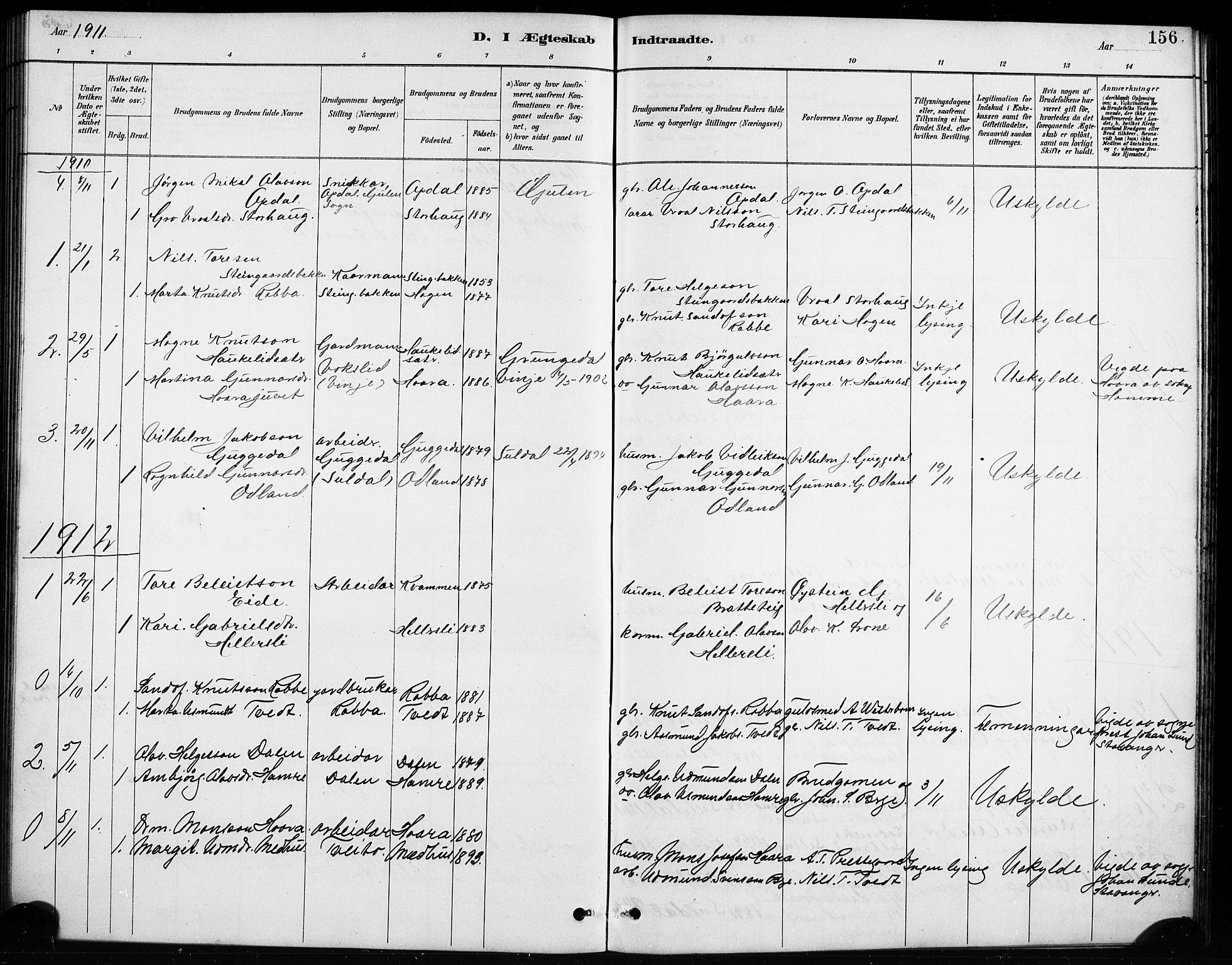 Røldal sokneprestembete, SAB/A-100247: Parish register (copy) no. A 3, 1887-1917, p. 156