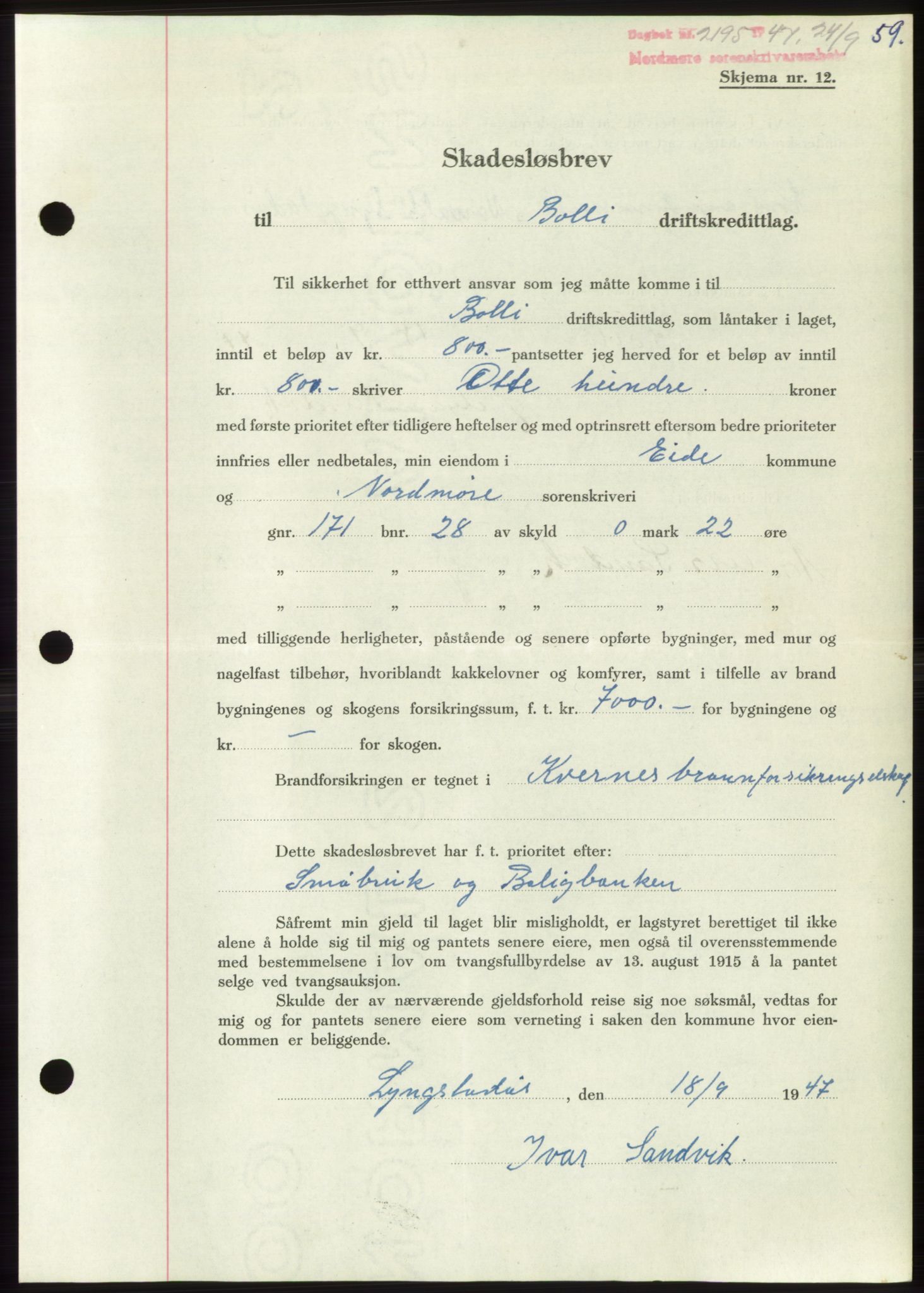 Nordmøre sorenskriveri, AV/SAT-A-4132/1/2/2Ca: Mortgage book no. B97, 1947-1948, Diary no: : 2195/1947