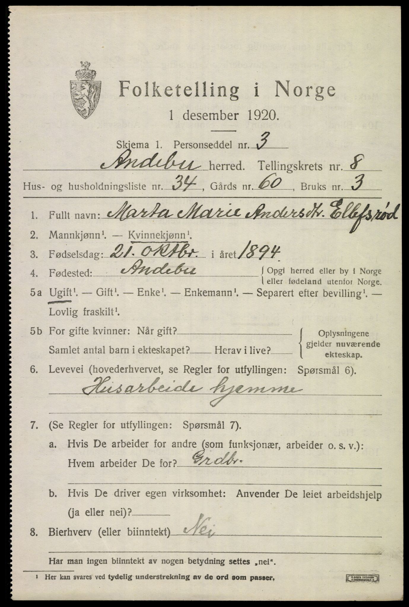 SAKO, 1920 census for Andebu, 1920, p. 3830