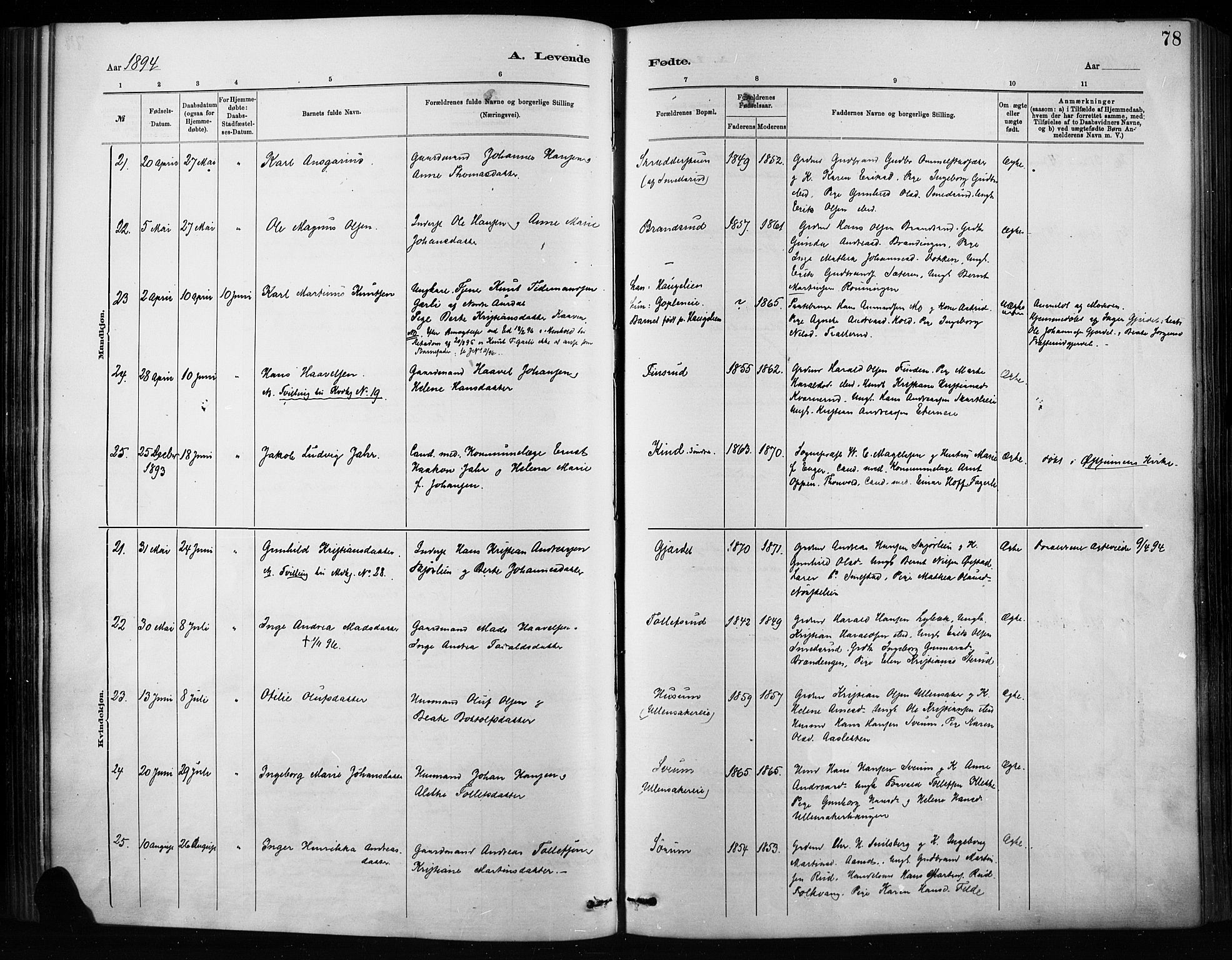 Nordre Land prestekontor, AV/SAH-PREST-124/H/Ha/Haa/L0004: Parish register (official) no. 4, 1882-1896, p. 78