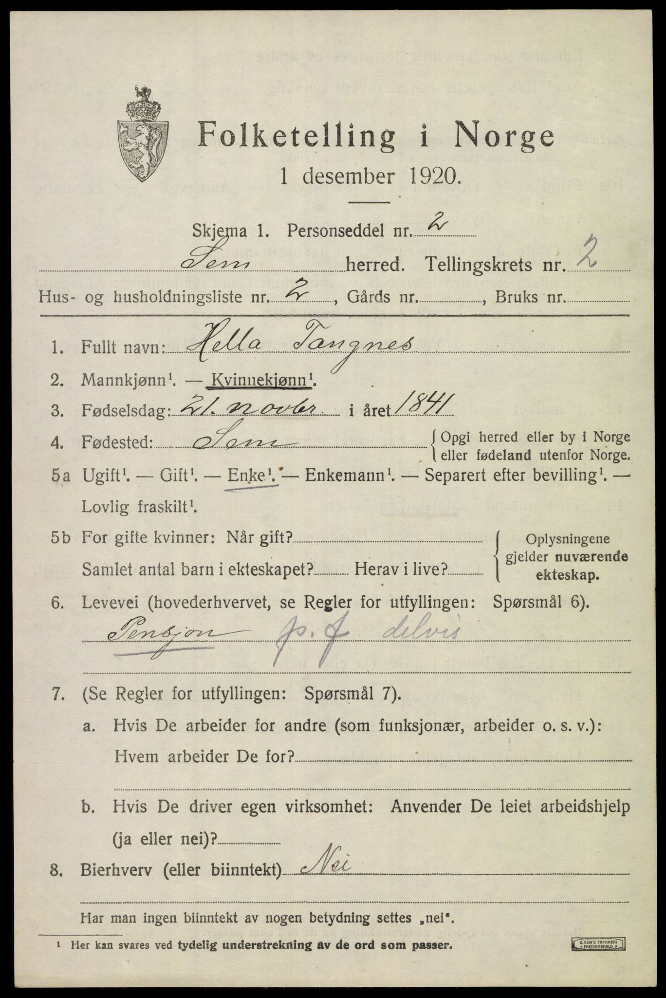 SAKO, 1920 census for Sem, 1920, p. 5273