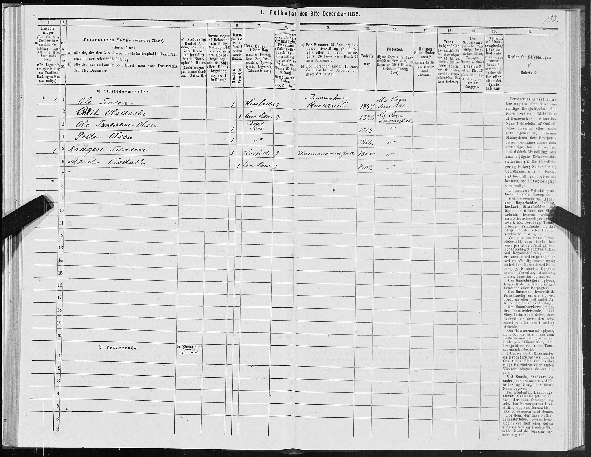 SAT, 1875 census for 1566P Surnadal, 1875, p. 1133