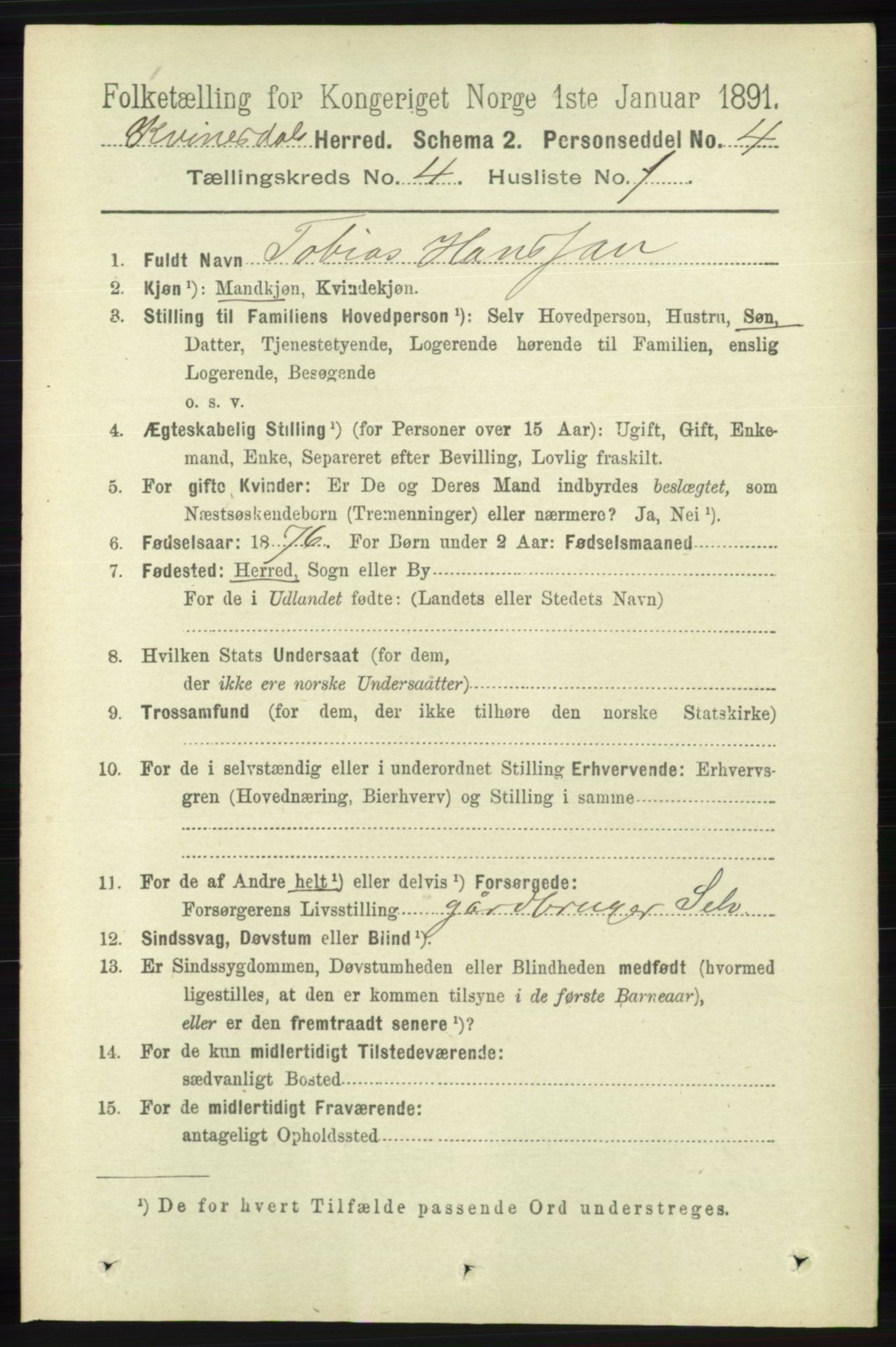 RA, 1891 census for 1037 Kvinesdal, 1891, p. 1435