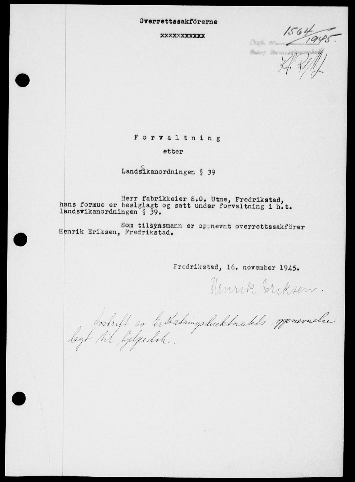 Onsøy sorenskriveri, SAO/A-10474/G/Ga/Gab/L0015: Mortgage book no. II A-15, 1945-1946, Diary no: : 1564/1945