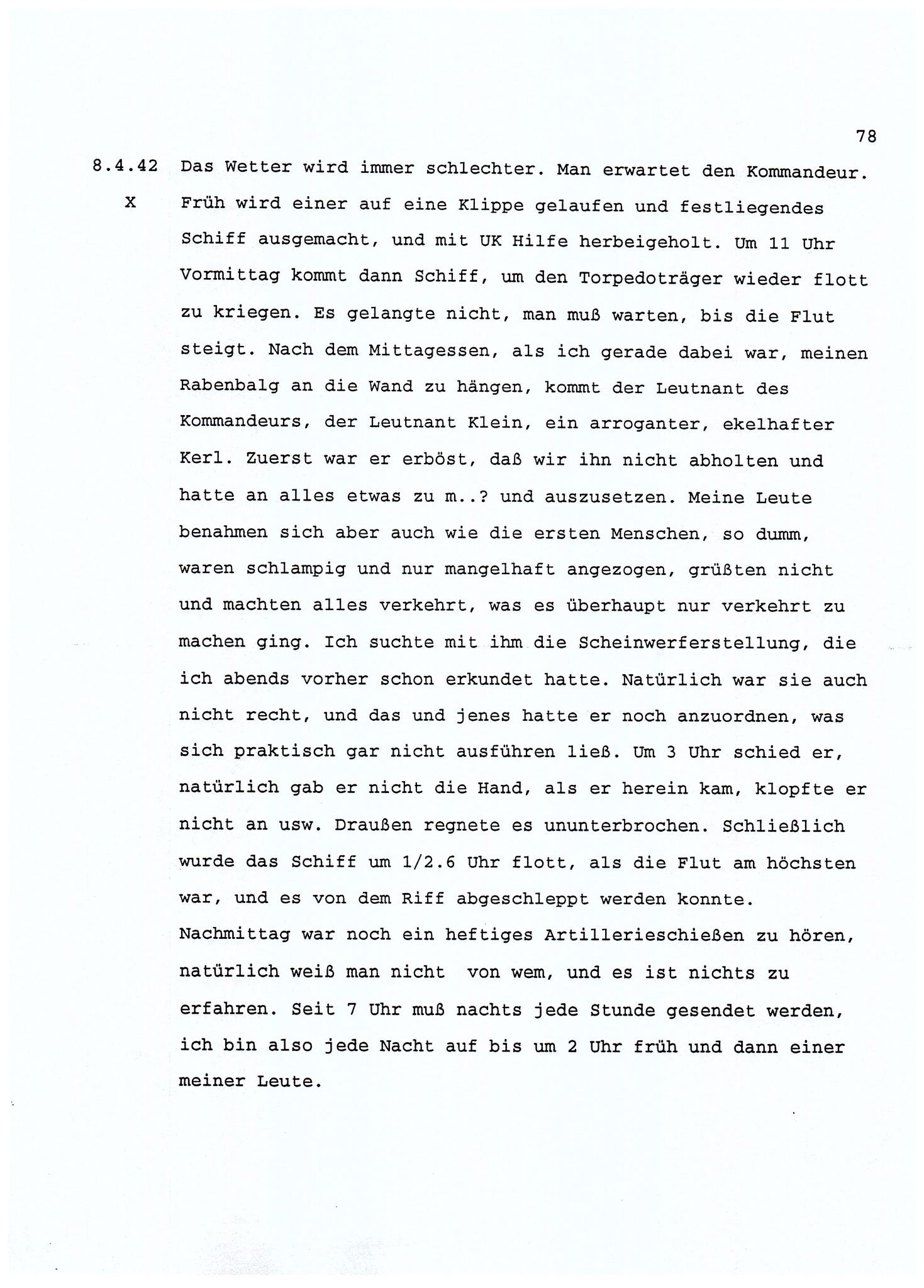 Dagbokopptegnelser av en tysk marineoffiser stasjonert i Norge , FMFB/A-1160/F/L0001: Dagbokopptegnelser av en tysk marineoffiser stasjonert i Norge, 1941-1944, p. 78