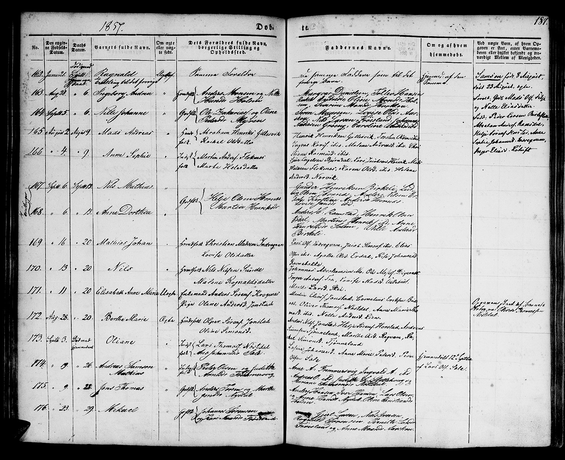 Førde sokneprestembete, AV/SAB-A-79901/H/Haa/Haaa/L0007: Parish register (official) no. A 7, 1843-1860, p. 187