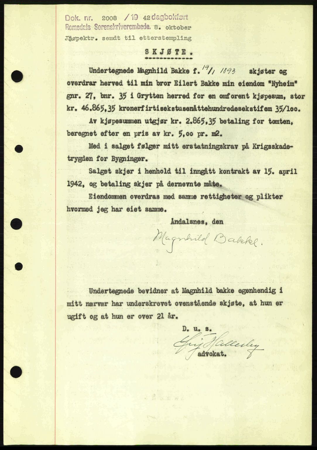 Romsdal sorenskriveri, AV/SAT-A-4149/1/2/2C: Mortgage book no. A13, 1942-1943, Diary no: : 2008/1942