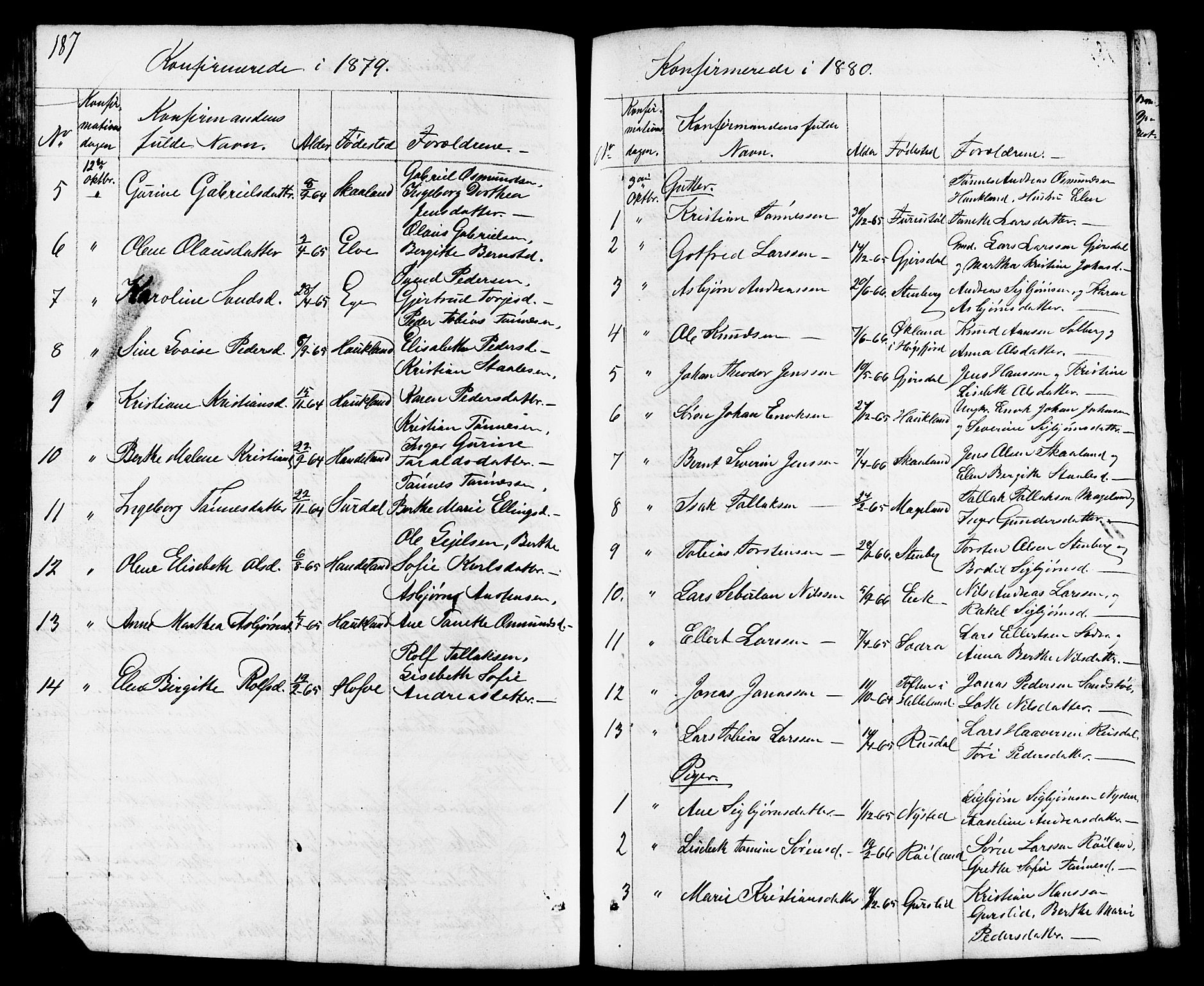 Lund sokneprestkontor, AV/SAST-A-101809/S07/L0003: Parish register (copy) no. B 3, 1848-1885, p. 187