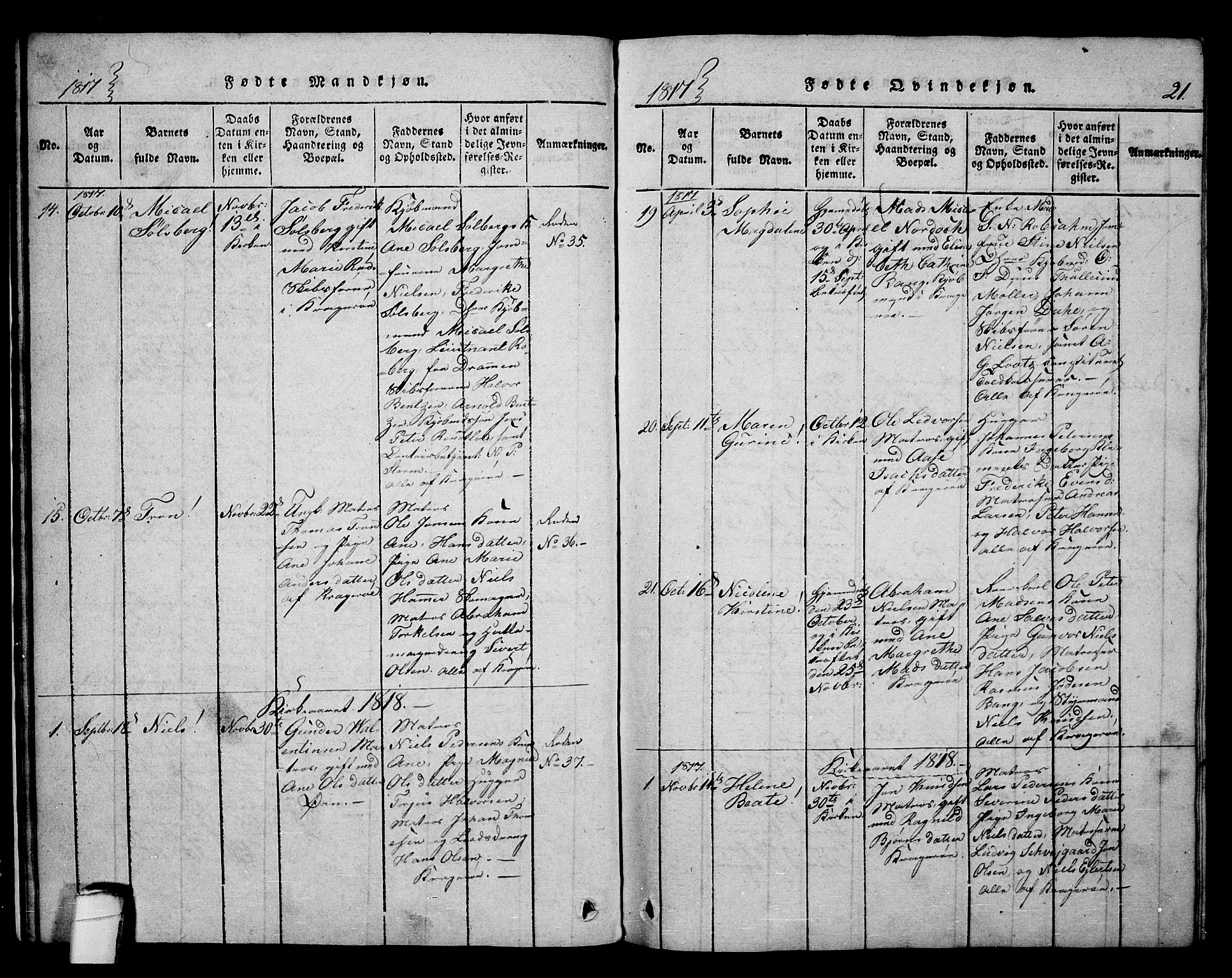 Kragerø kirkebøker, AV/SAKO-A-278/F/Fa/L0004: Parish register (official) no. 4, 1814-1831, p. 21