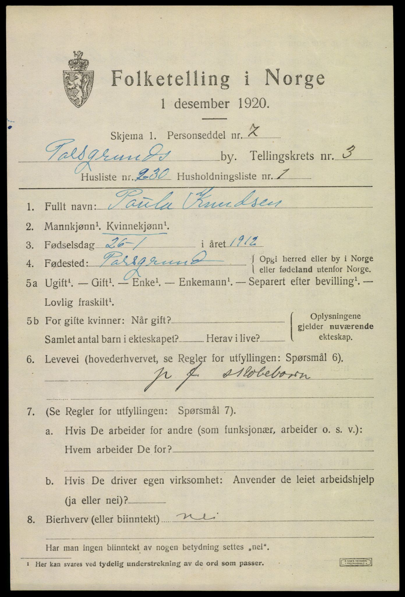 SAKO, 1920 census for Porsgrunn, 1920, p. 17343