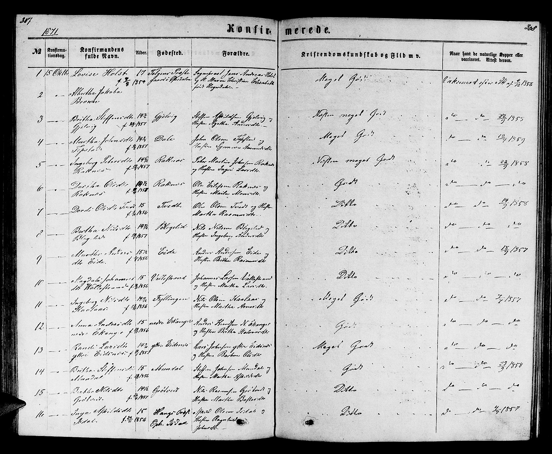 Hamre sokneprestembete, SAB/A-75501/H/Ha/Hab: Parish register (copy) no. B 2, 1863-1880, p. 307-308