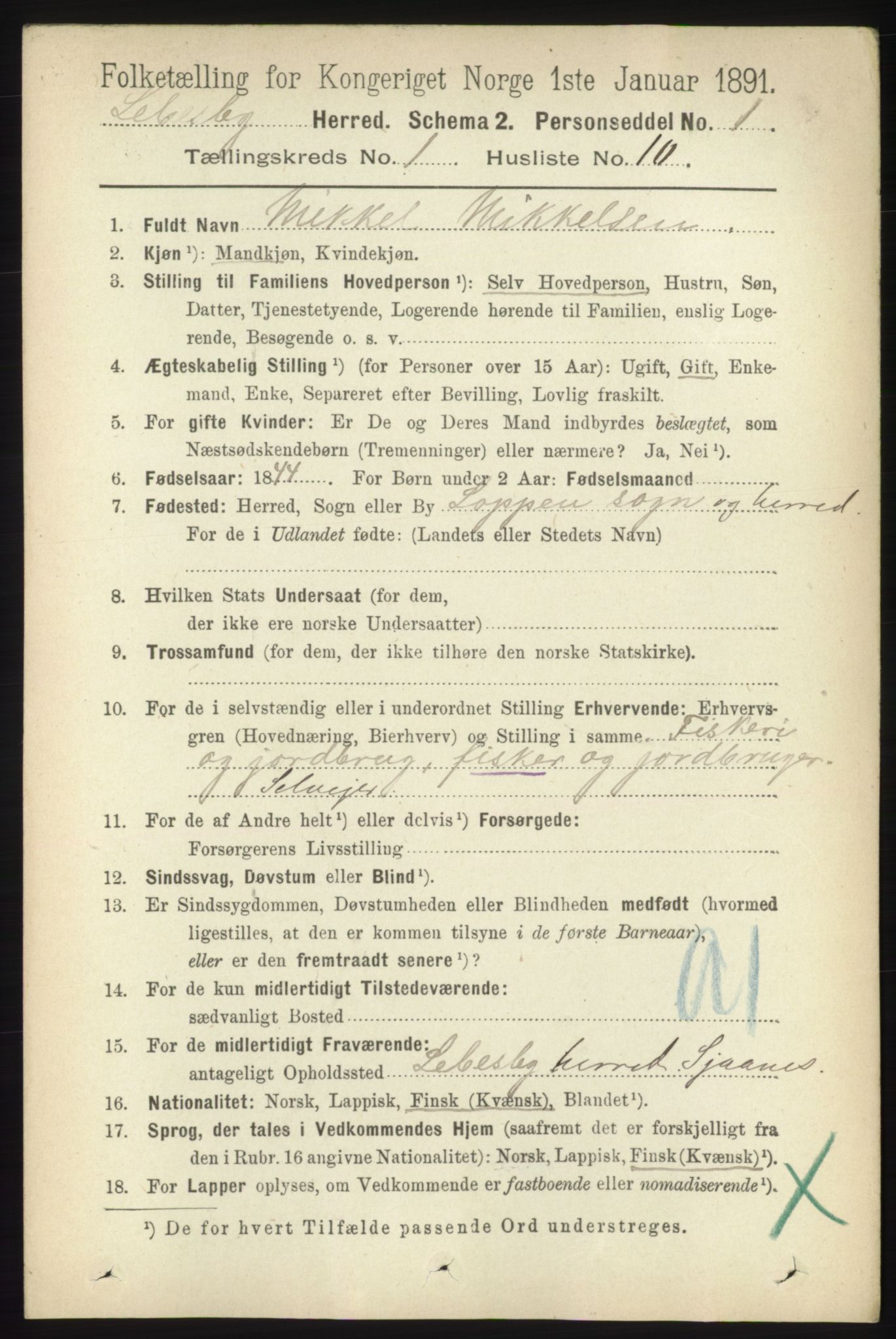 RA, 1891 census for 2022 Lebesby, 1891, p. 148