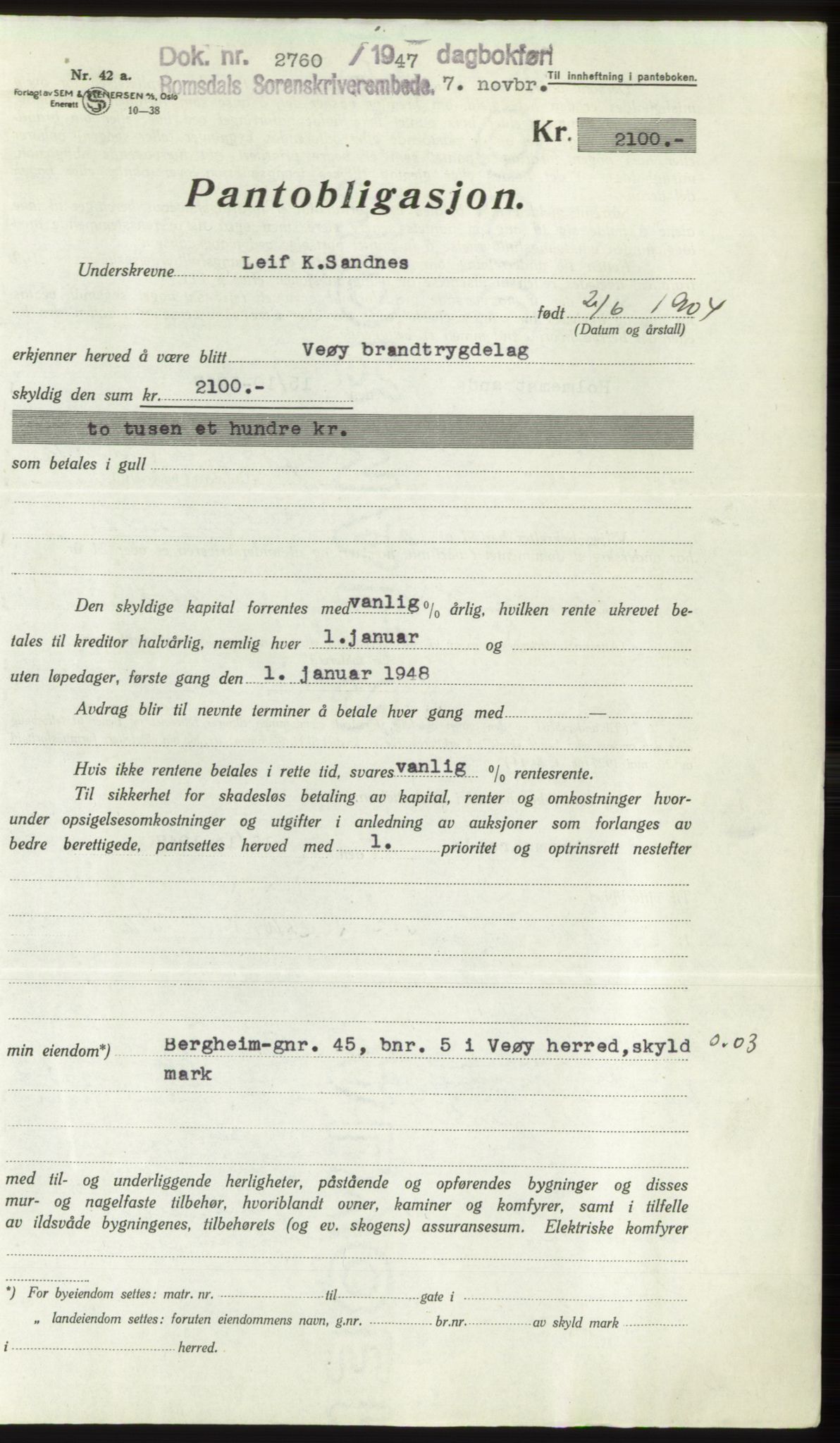 Romsdal sorenskriveri, AV/SAT-A-4149/1/2/2C: Mortgage book no. B3, 1946-1948, Diary no: : 2760/1947