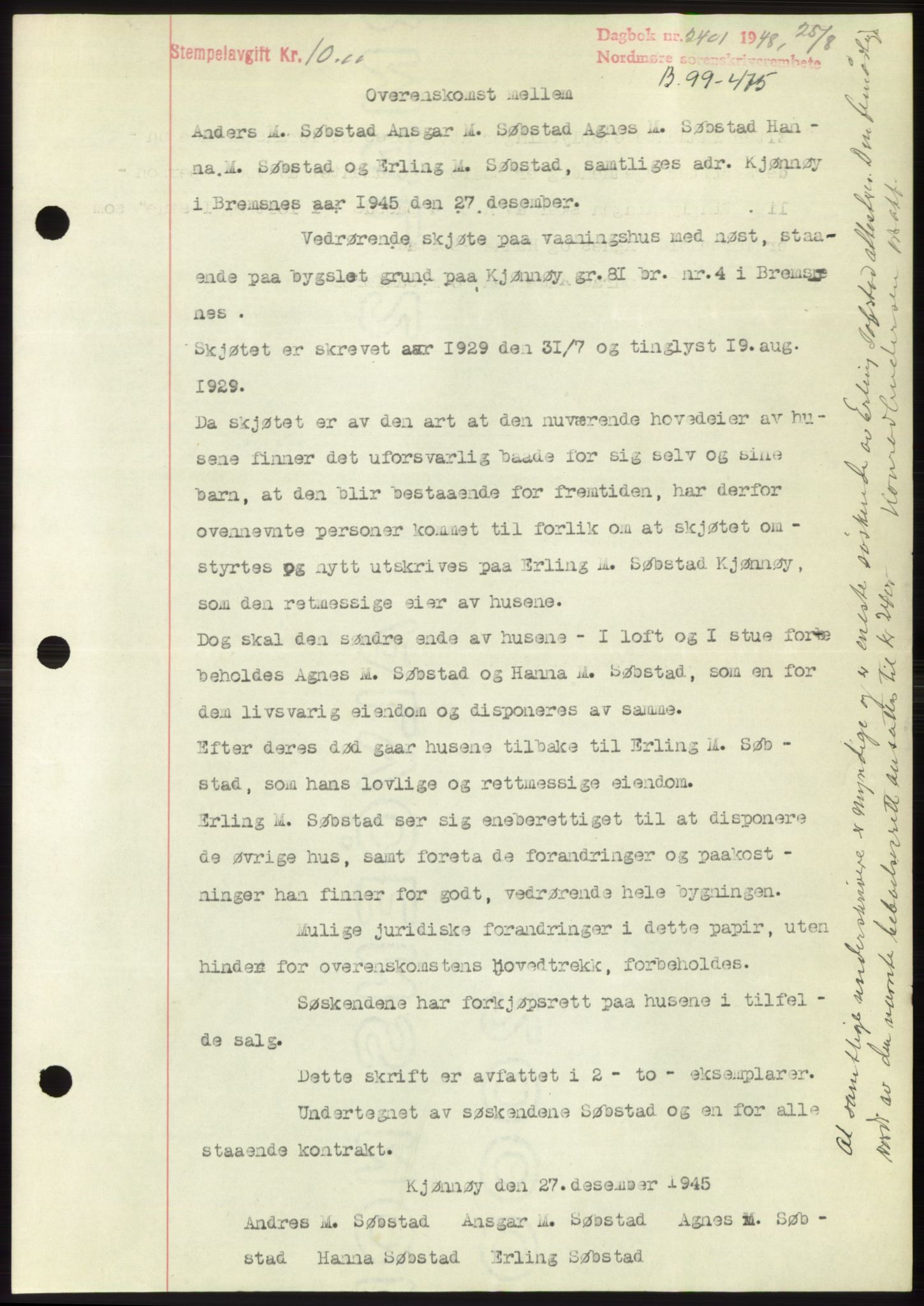 Nordmøre sorenskriveri, AV/SAT-A-4132/1/2/2Ca: Mortgage book no. B99, 1948-1948, Diary no: : 2401/1948